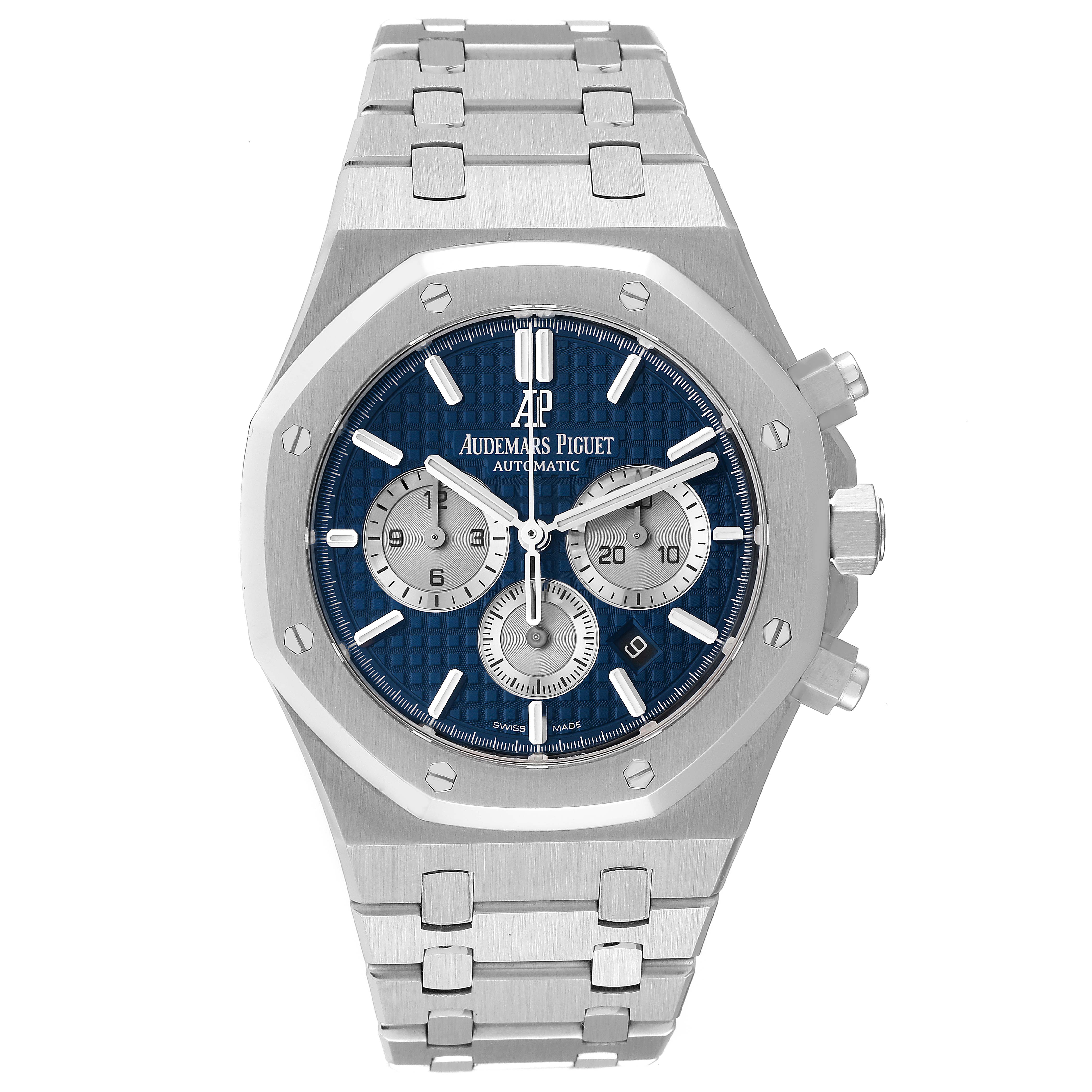 The image shows a front view of the Audemars Piguet Royal Oak 26331ST.OO.1220ST.01 Men's Stainless Steel Blue Dial 26331ST.OO.1220ST.01 Men's Stainless Steel Blue Dial watch, highlighting the bezel, dial, chronograph subdials, and bracelet.