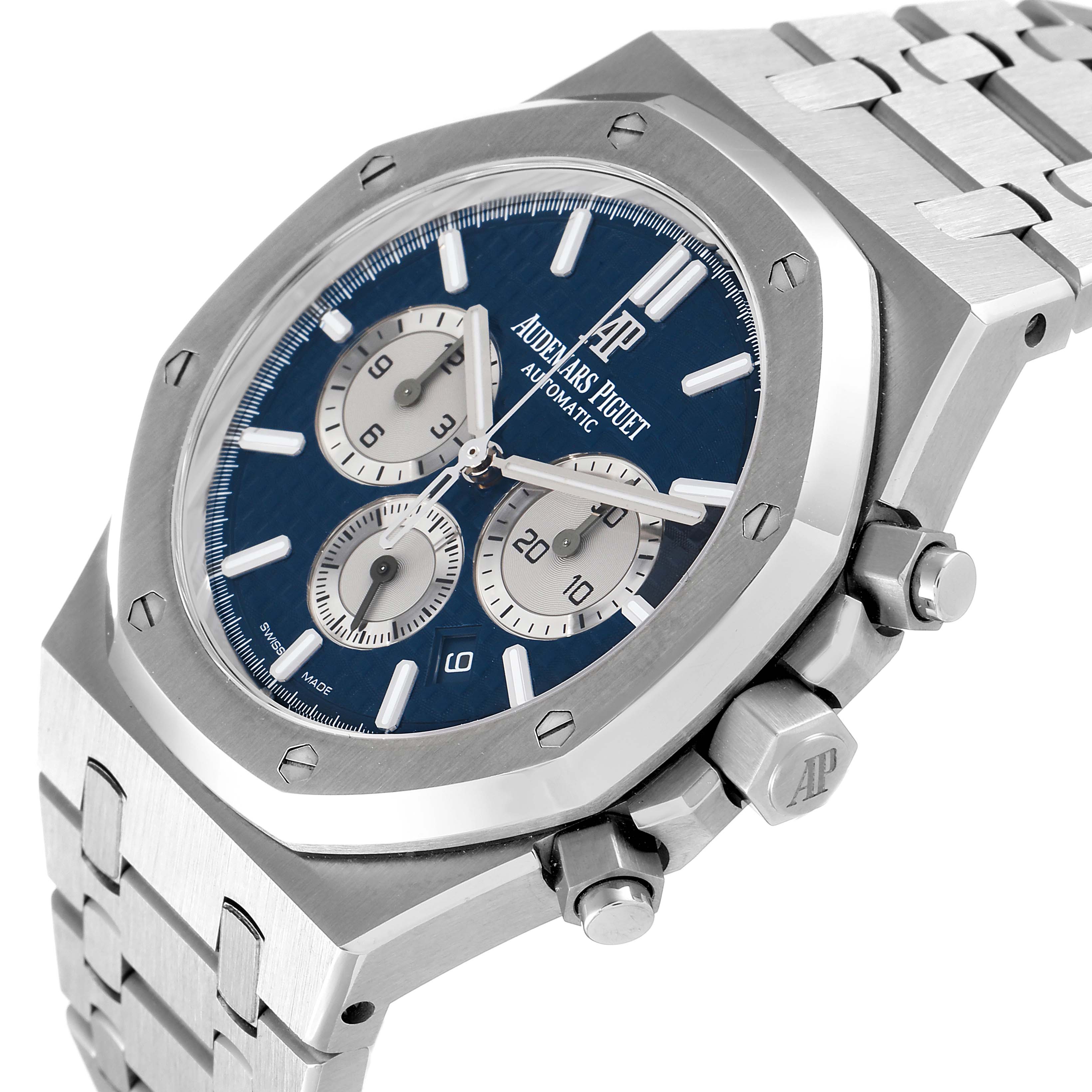 The image shows a close-up view of the Audemars Piguet Royal Oak 26331ST.OO.1220ST.01 Men's Stainless Steel Blue Dial 26331ST.OO.1220ST.01 Men's Stainless Steel Blue Dial watch, highlighting the bezel, dial, buttons, and part of the bracelet.