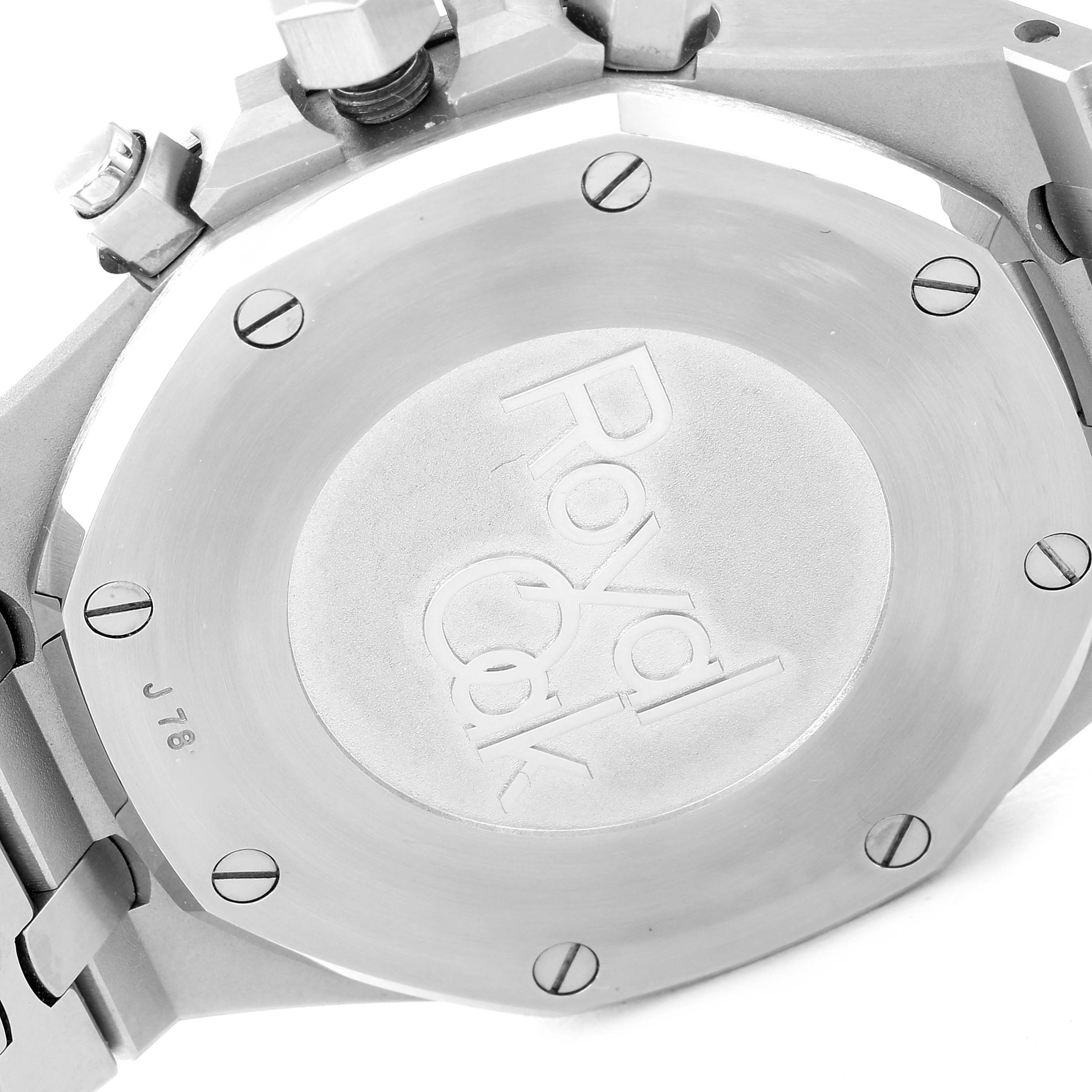 The image shows the case back of an Audemars Piguet Royal Oak 26331ST.OO.1220ST.01 Men's Stainless Steel Blue Dial 26331ST.OO.1220ST.01 Men's Stainless Steel Blue Dial watch, viewed from a slight angle.