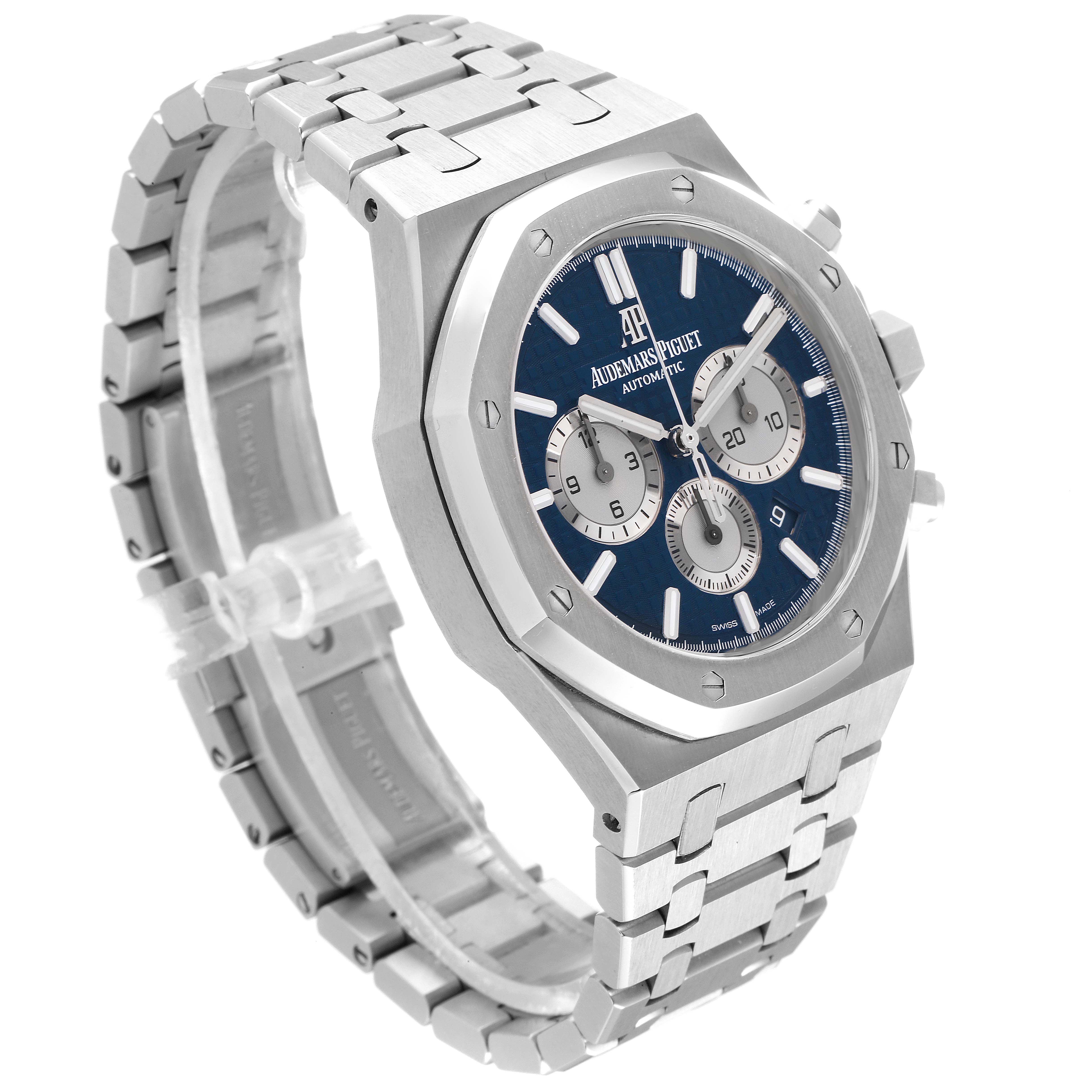 The image shows a side-angle view of an Audemars Piguet Royal Oak 26331ST.OO.1220ST.01 Men's Stainless Steel Blue Dial 26331ST.OO.1220ST.01 Men's Stainless Steel Blue Dial watch, highlighting its face, band, and bezel.