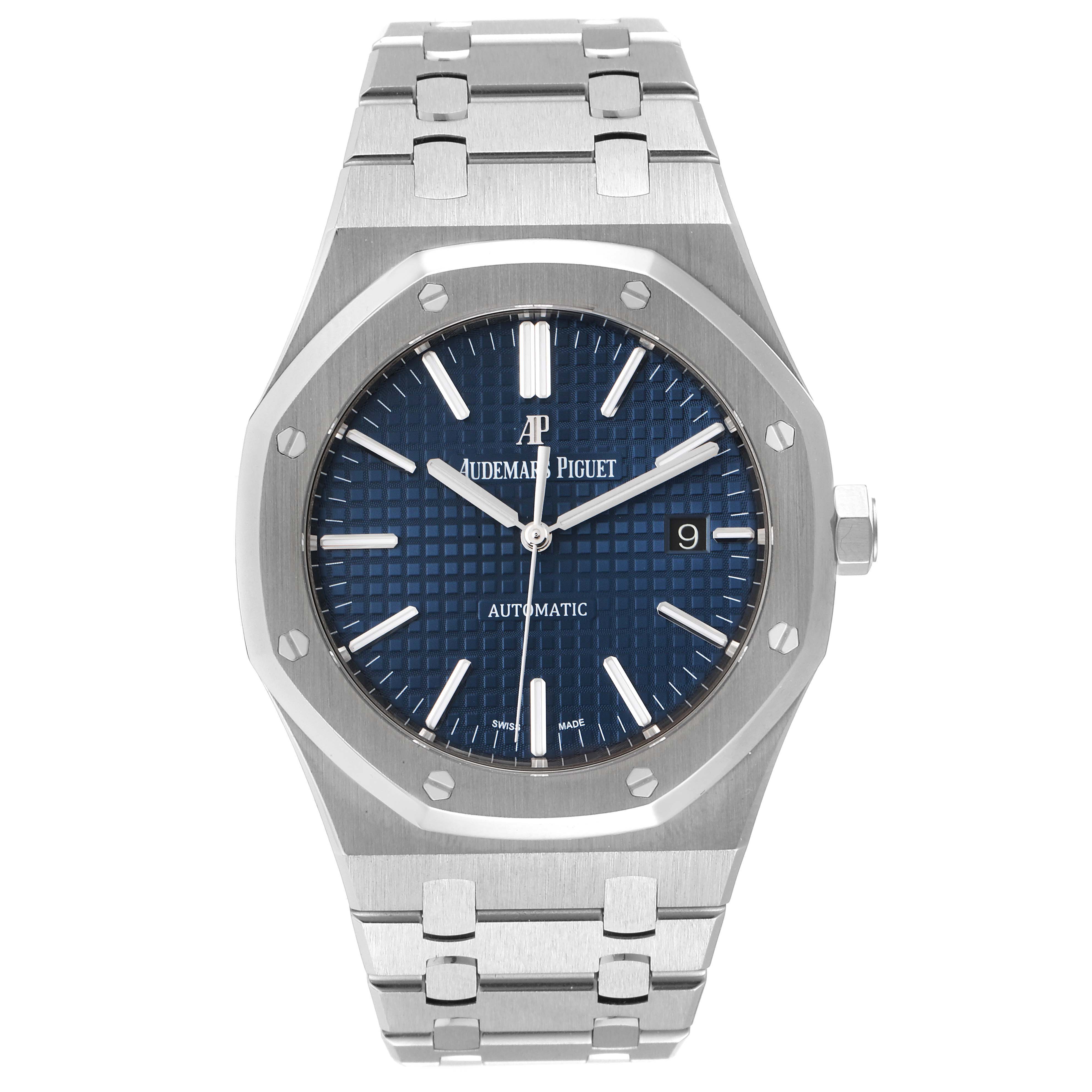 The image shows a front view of the Audemars Piguet Royal Oak 15400ST.OO.1220ST.03 Men's Stainless Steel Blue Dial 15400ST.OO.1220ST.03 Men's Stainless Steel Blue Dial watch, featuring its blue dial, octagonal bezel, and stainless steel bracelet.