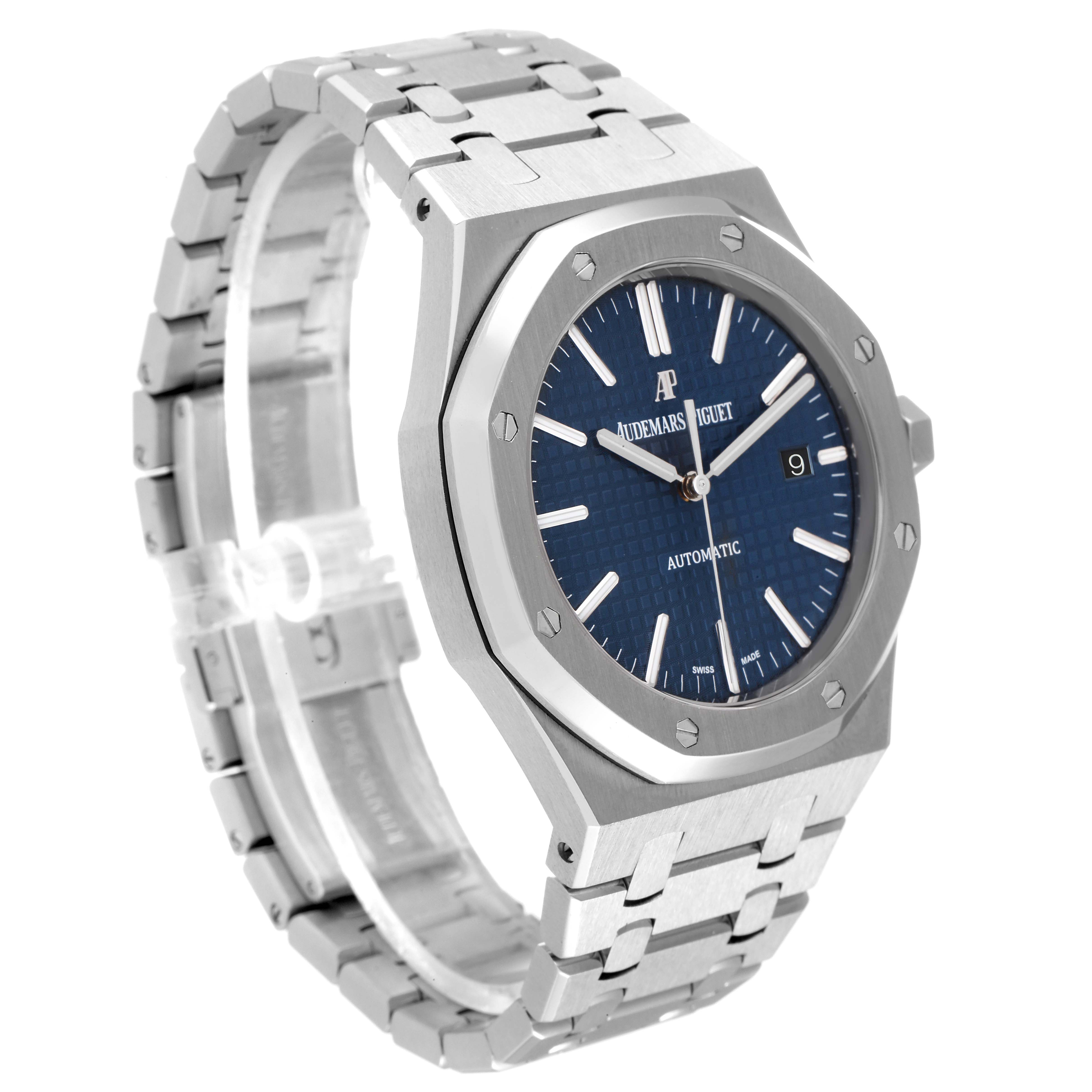 This image shows the front and partial side view of the Audemars Piguet Royal Oak 15400ST.OO.1220ST.03 Men's Stainless Steel Blue Dial 15400ST.OO.1220ST.03 Men's Stainless Steel Blue Dial watch, highlighting its blue dial and stainless steel bracelet.