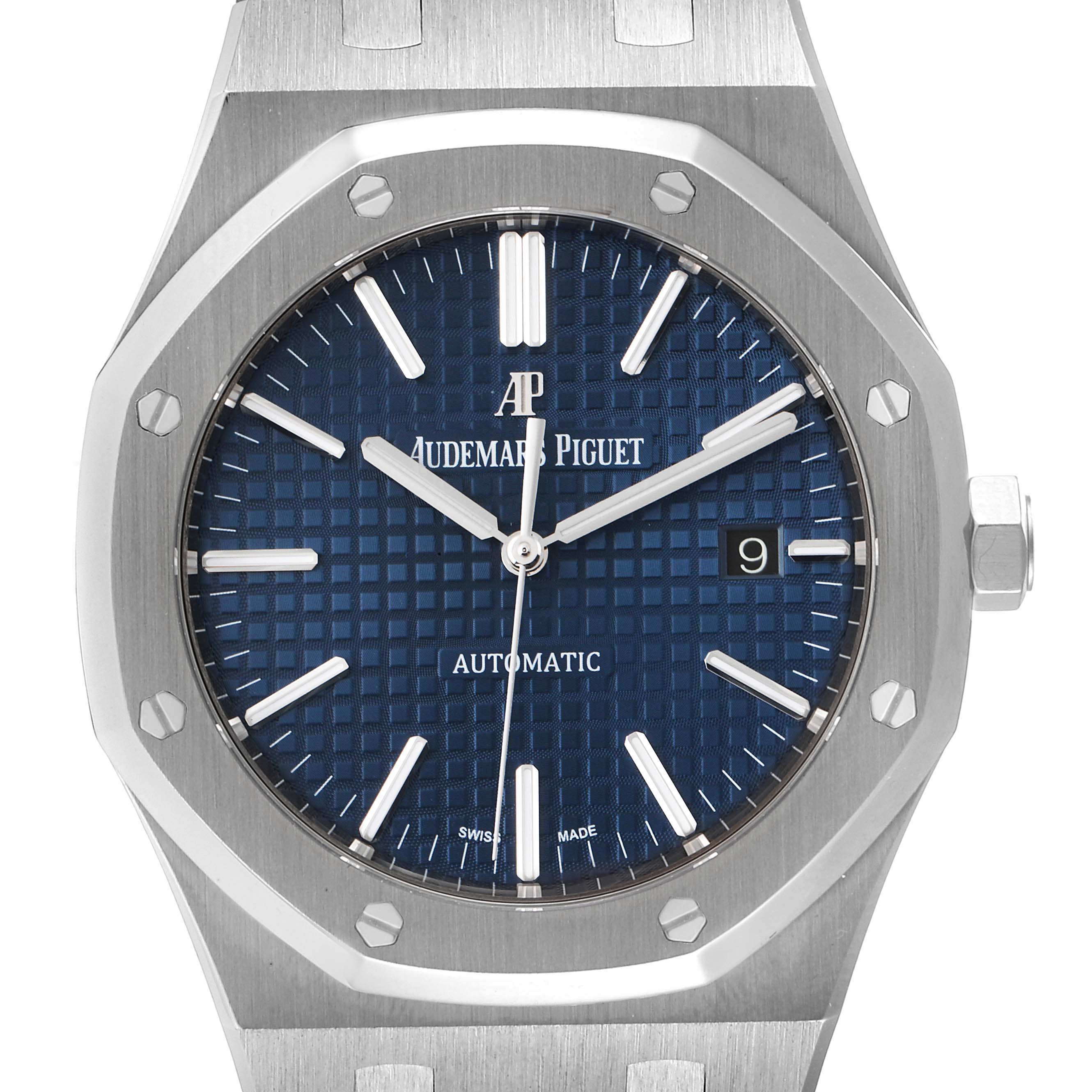 This image shows a front view of the Audemars Piguet Royal Oak 15400ST.OO.1220ST.03 Men's Stainless Steel Blue Dial 15400ST.OO.1220ST.03 Men's Stainless Steel Blue Dial watch, highlighting its blue dial, octagonal bezel, and stainless steel case.