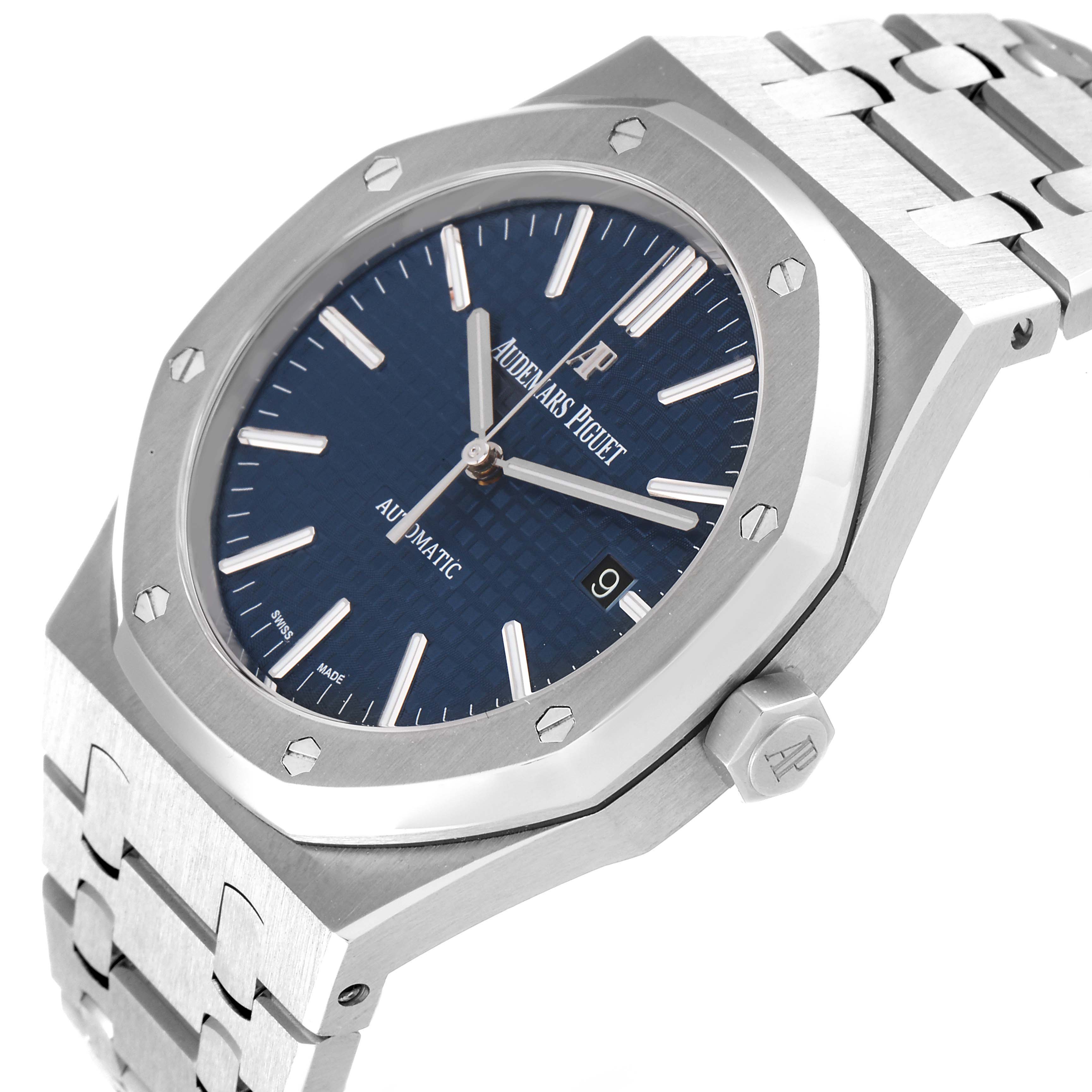 This image shows a close-up, angled view of the Audemars Piguet Royal Oak 15400ST.OO.1220ST.03 Men's Stainless Steel Blue Dial 15400ST.OO.1220ST.03 Men's Stainless Steel Blue Dial watch, highlighting the bezel, dial, crown, and bracelet.