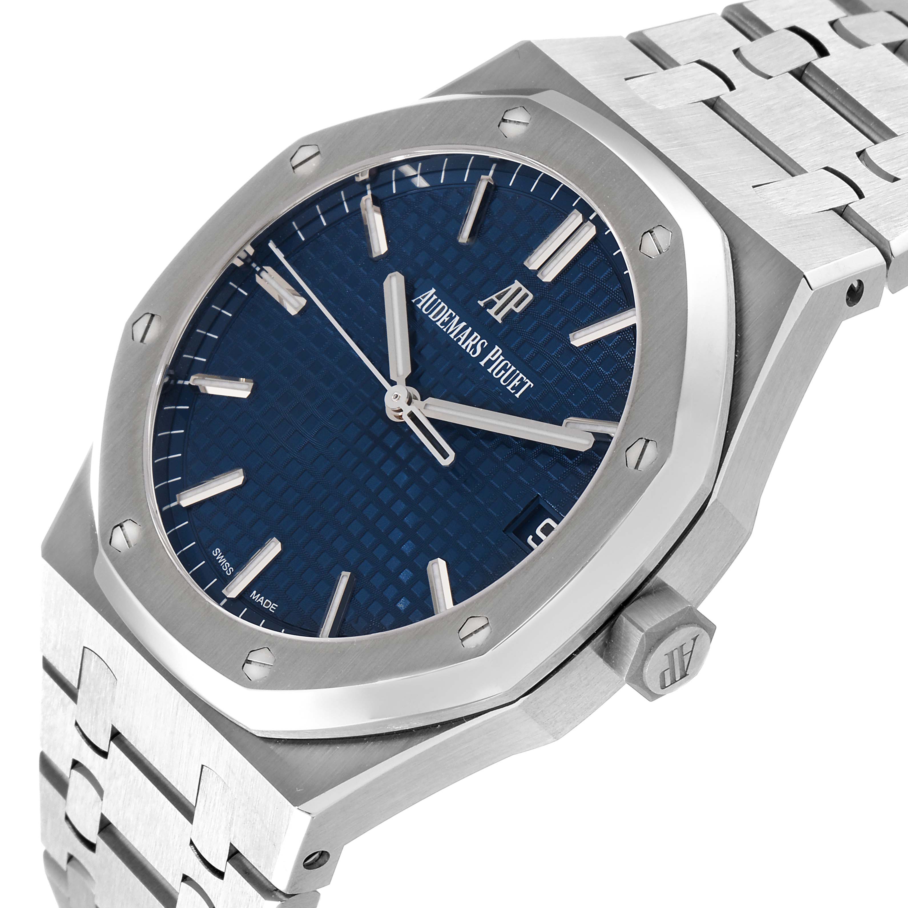 The image shows a close-up, angled view of the face, bezel, crown, and bracelet of the Audemars Piguet Royal Oak 15500ST.OO.1220ST.01 Men's Stainless Steel Blue Dial 15500ST.OO.1220ST.01 Men's Stainless Steel Blue Dial watch.