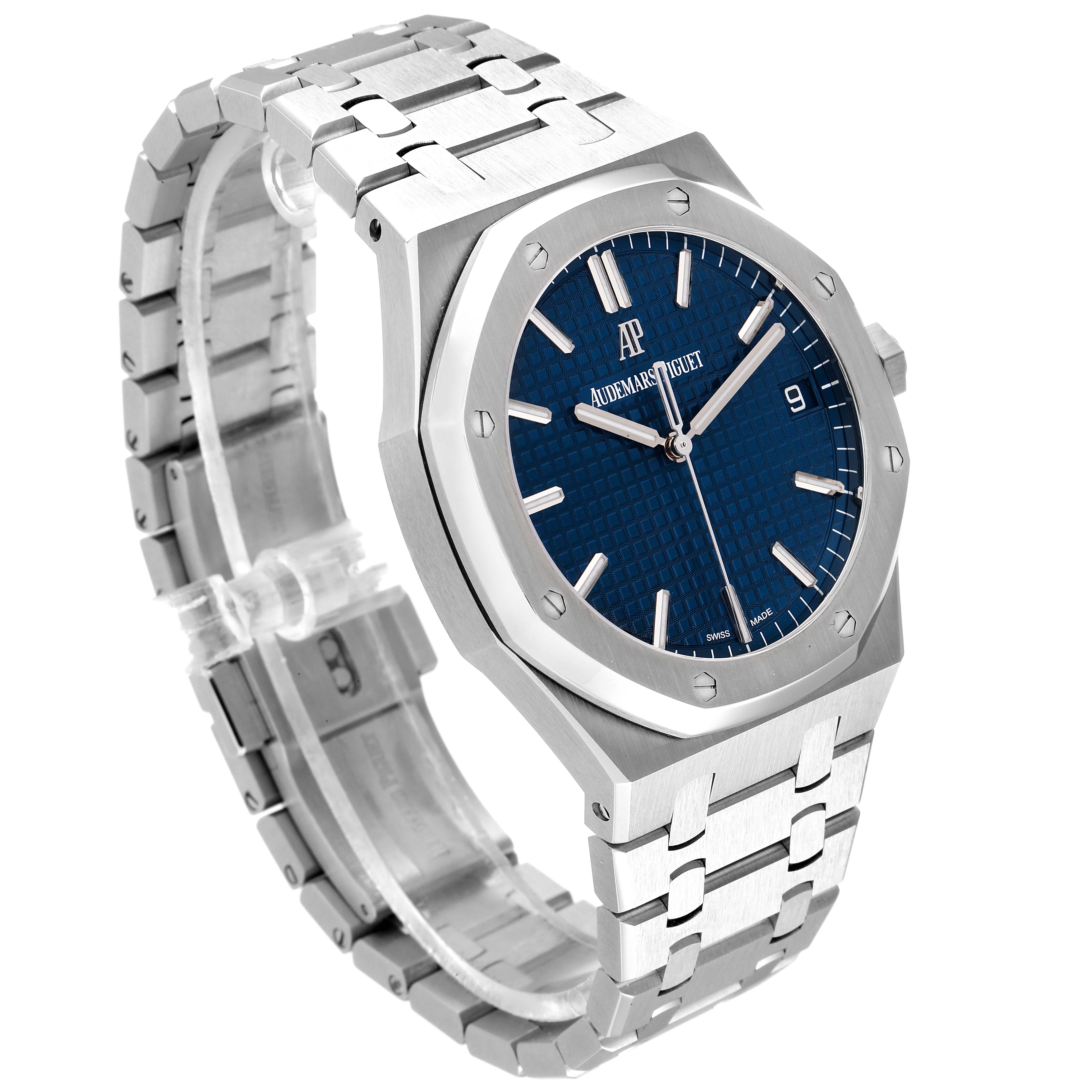 The image shows a side angle view of the Audemars Piguet Royal Oak 15500ST.OO.1220ST.01 Men's Stainless Steel Blue Dial 15500ST.OO.1220ST.01 Men's Stainless Steel Blue Dial watch, highlighting its bracelet, case, and blue dial.