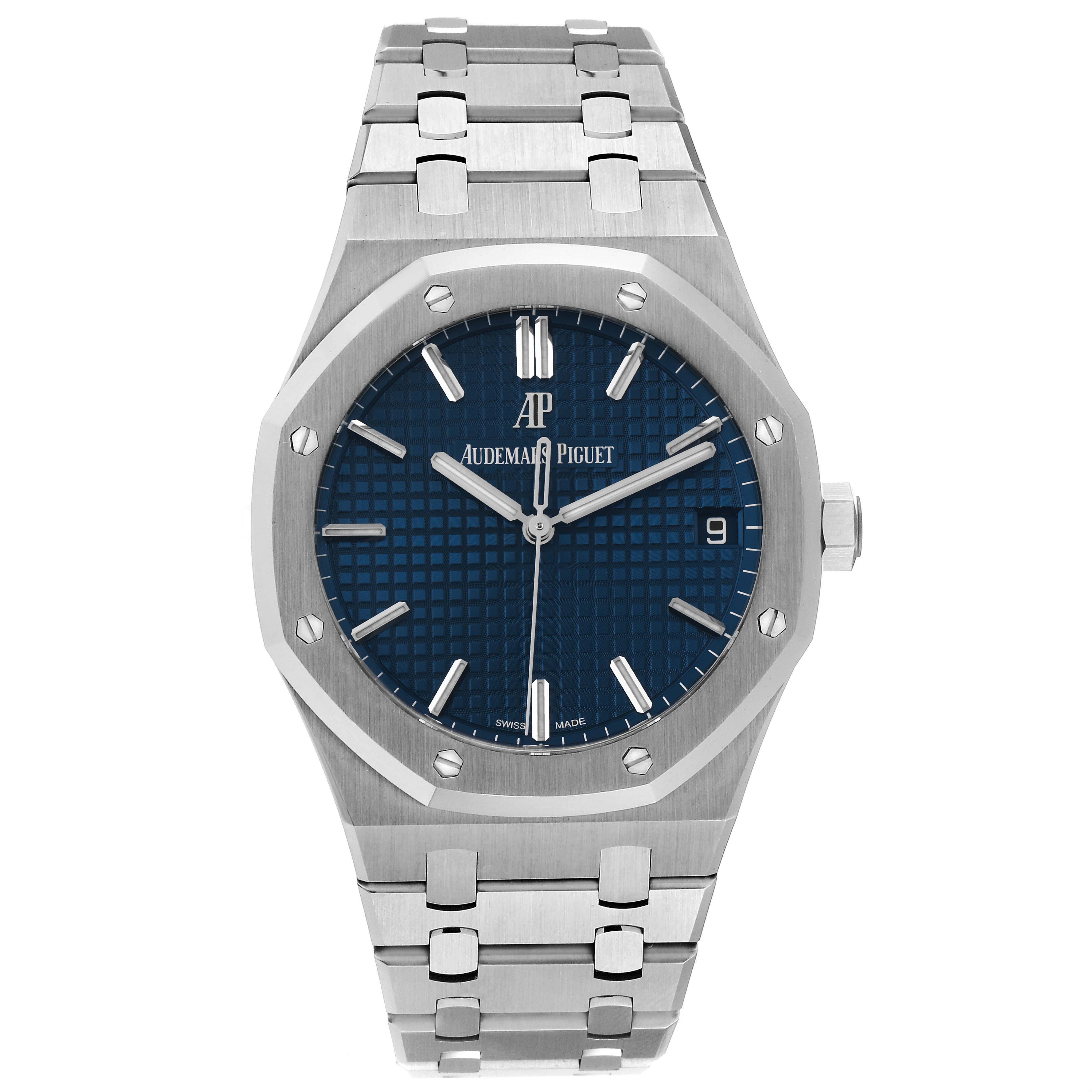 This image shows a front view of the Royal Oak model watch by Audemars Piguet, highlighting the case, dial, and bracelet.
