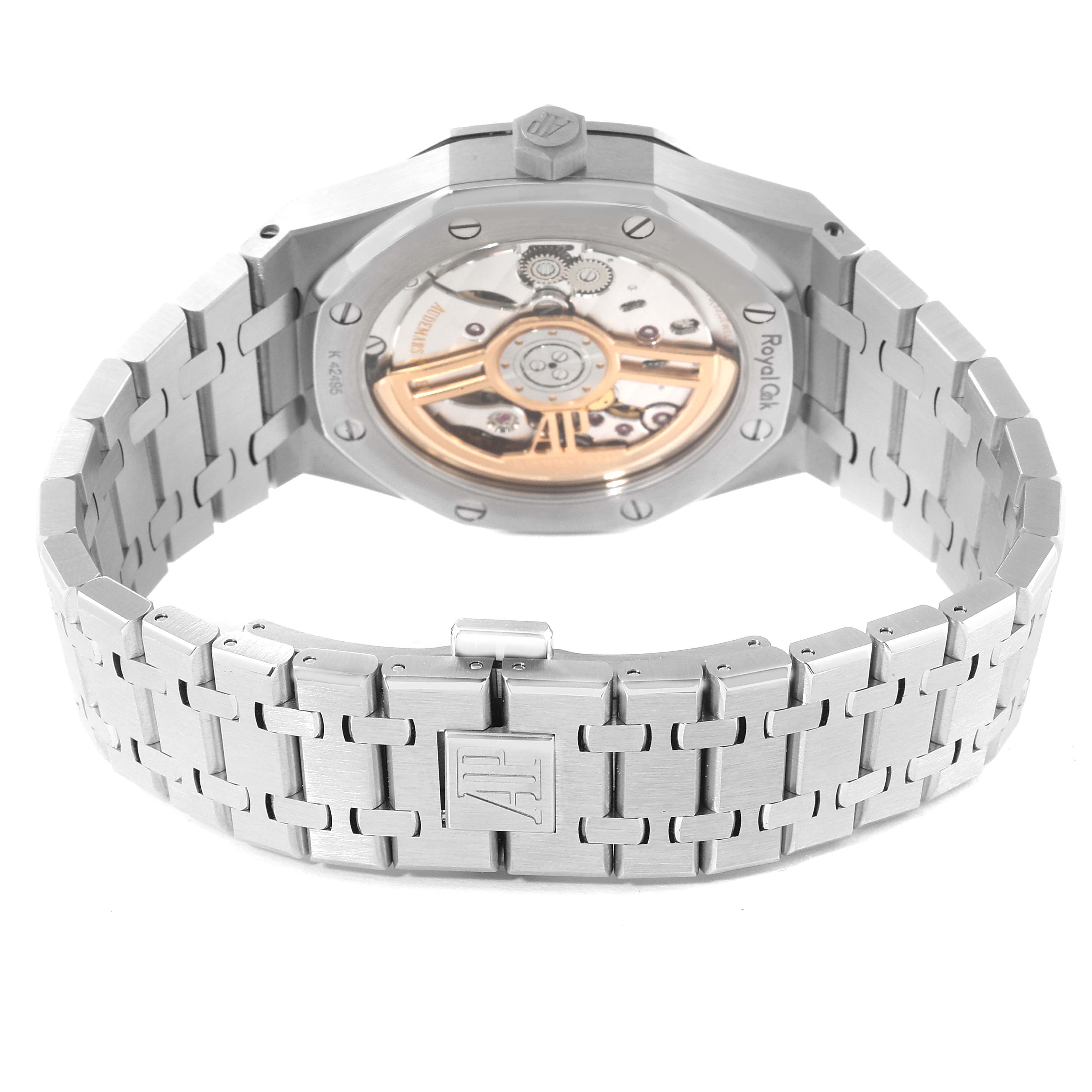 This image shows the back view of a Royal Oak model by Audemars Piguet, highlighting the case back and bracelet.