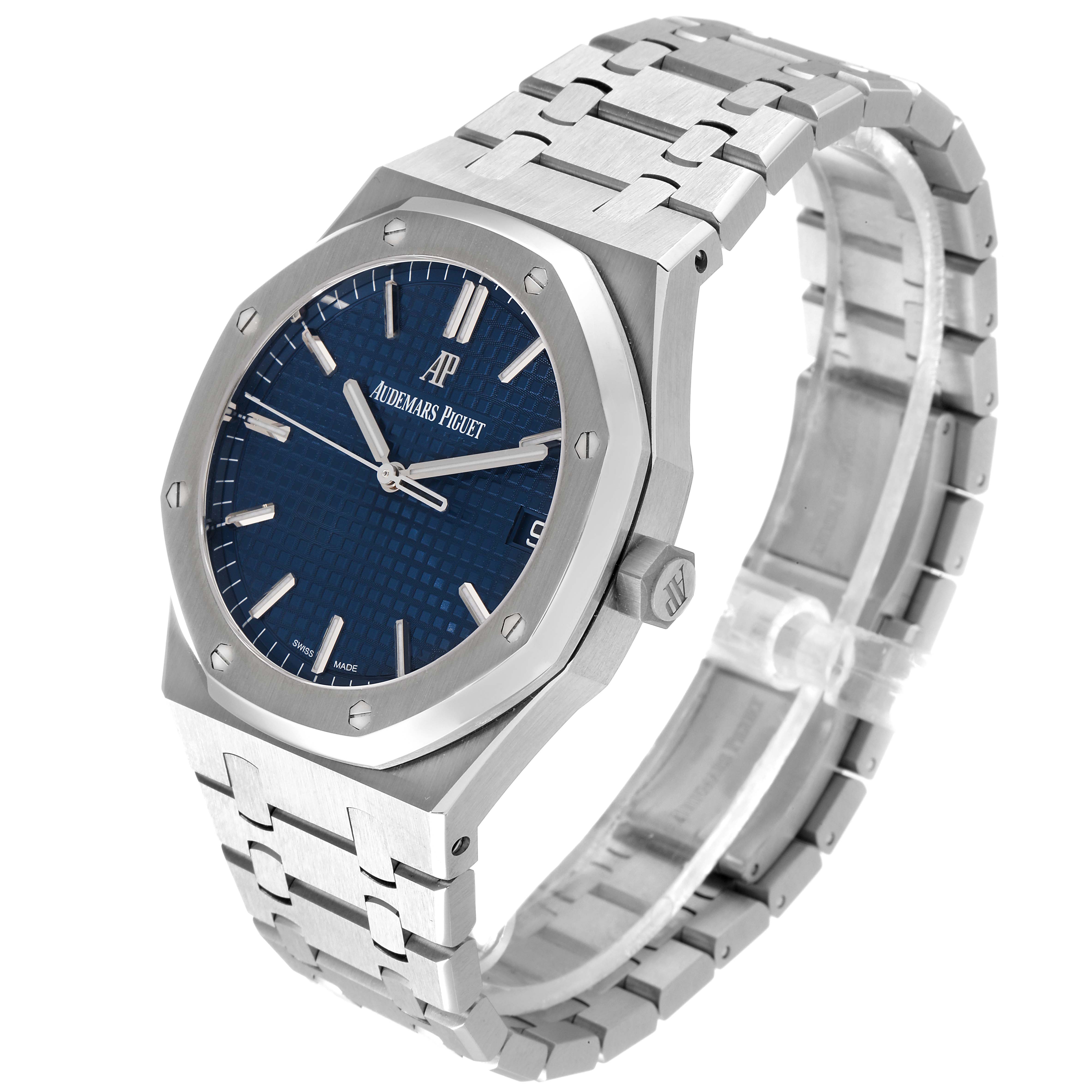 The Audemars Piguet Royal Oak 15500ST.OO.1220ST.01 Men's Stainless Steel Blue Dial 15500ST.OO.1220ST.01 Men's Stainless Steel Blue Dial watch is shown at an angle displaying the face, bezel, bracelet, and crown.