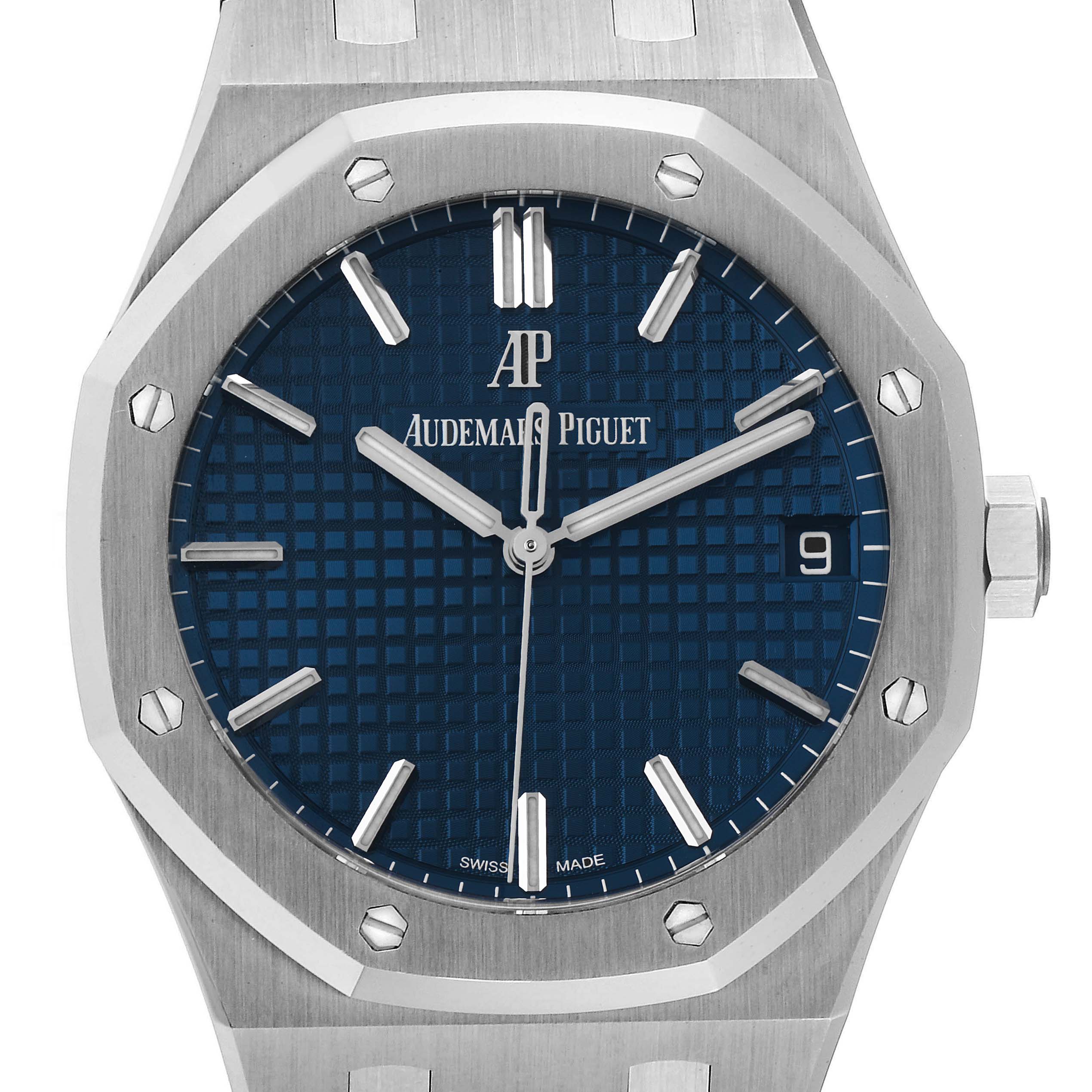 This image shows a frontal view of the Audemars Piguet Royal Oak 15500ST.OO.1220ST.01 Men's Stainless Steel Blue Dial 15500ST.OO.1220ST.01 Men's Stainless Steel Blue Dial watch, featuring its face, bezel, crown, and part of the strap.