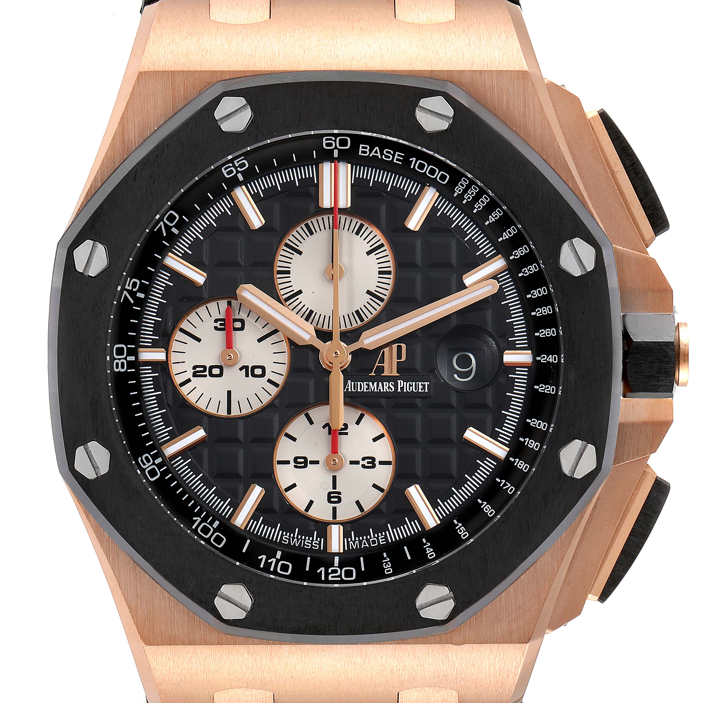 The image shows a front view of the Audemars Piguet Royal Oak Offshore 26401RO.OO.A002.CA.01 Men's Rose Gold Black Dial 26401RO.OO.A002.CA.01 Men's Rose Gold Black Dial watch, showcasing its dial, bezel, and crown.