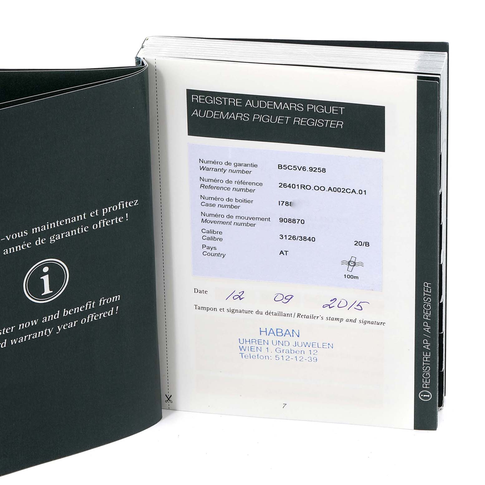 This image shows the warranty and registration booklet for the Audemars Piguet Royal Oak Offshore 26401RO.OO.A002.CA.01 Men's Rose Gold Black Dial 26401RO.OO.A002.CA.01 Men's Rose Gold Black Dial model.
