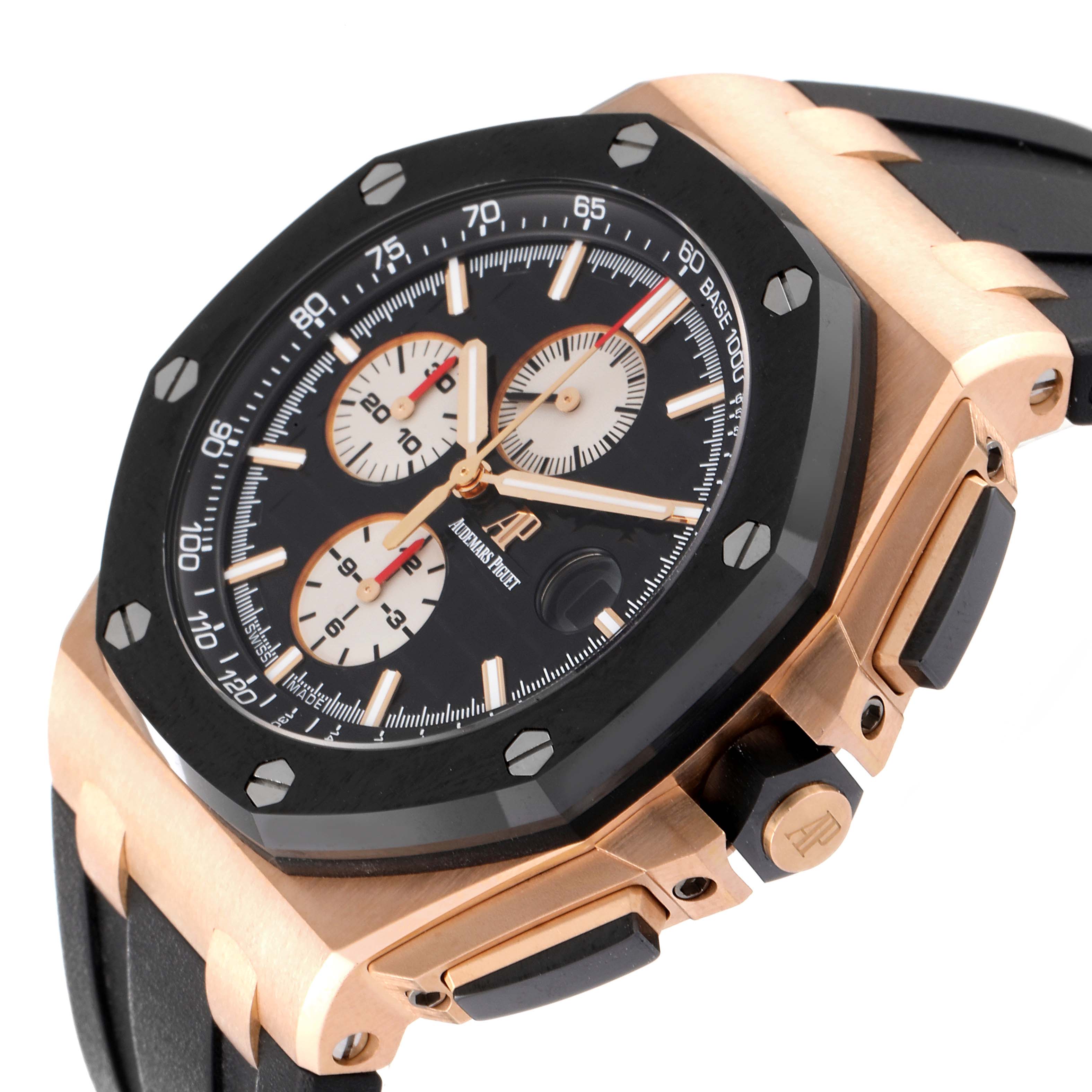 The image shows a close-up of the Audemars Piguet Royal Oak Offshore 26401RO.OO.A002.CA.01 Men's Rose Gold Black Dial 26401RO.OO.A002.CA.01 Men's Rose Gold Black Dial watch's bezel, dial, and side buttons at a tilted angle.