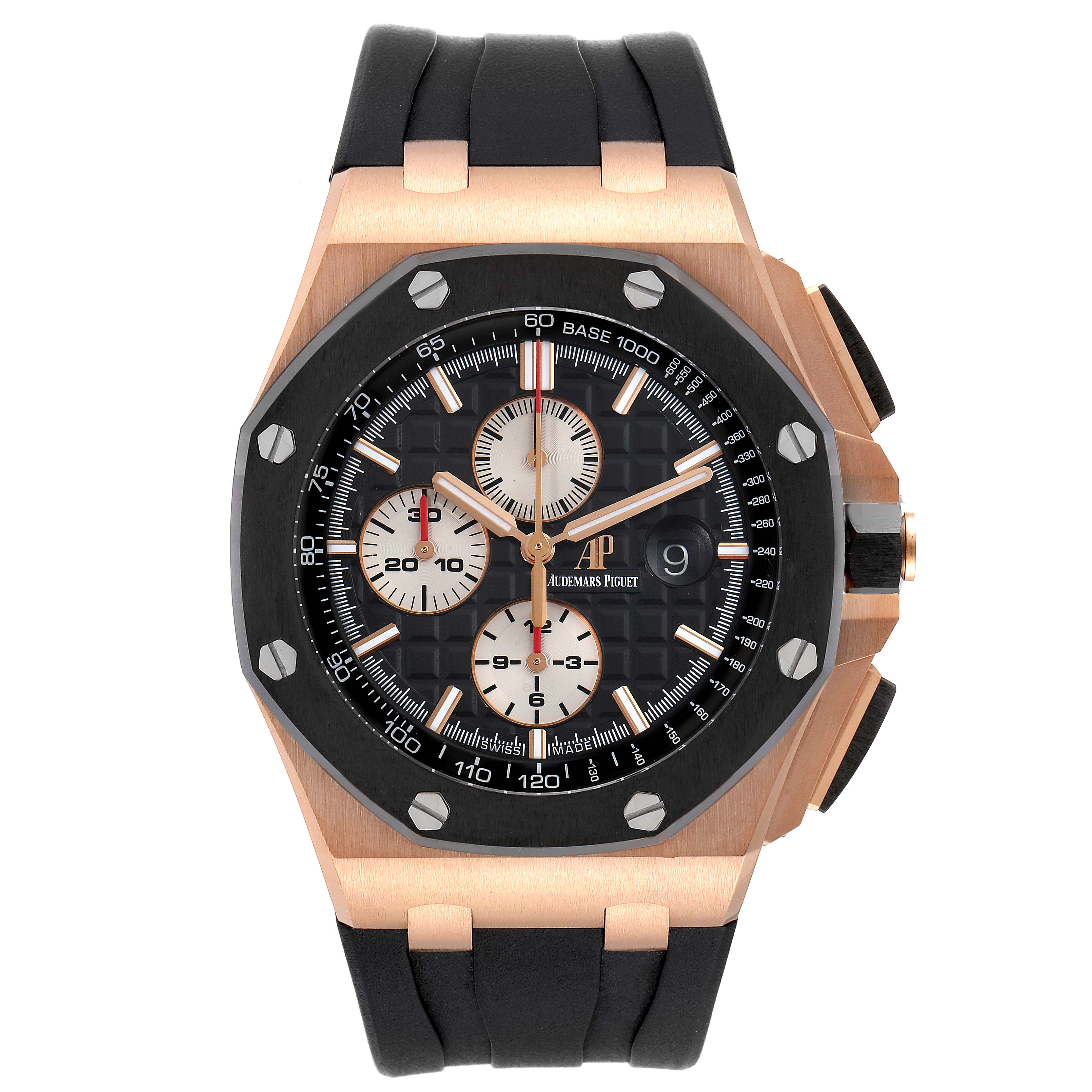 The image shows a front view of a Royal Oak Offshore model by Audemars Piguet, focusing on the dial and strap.