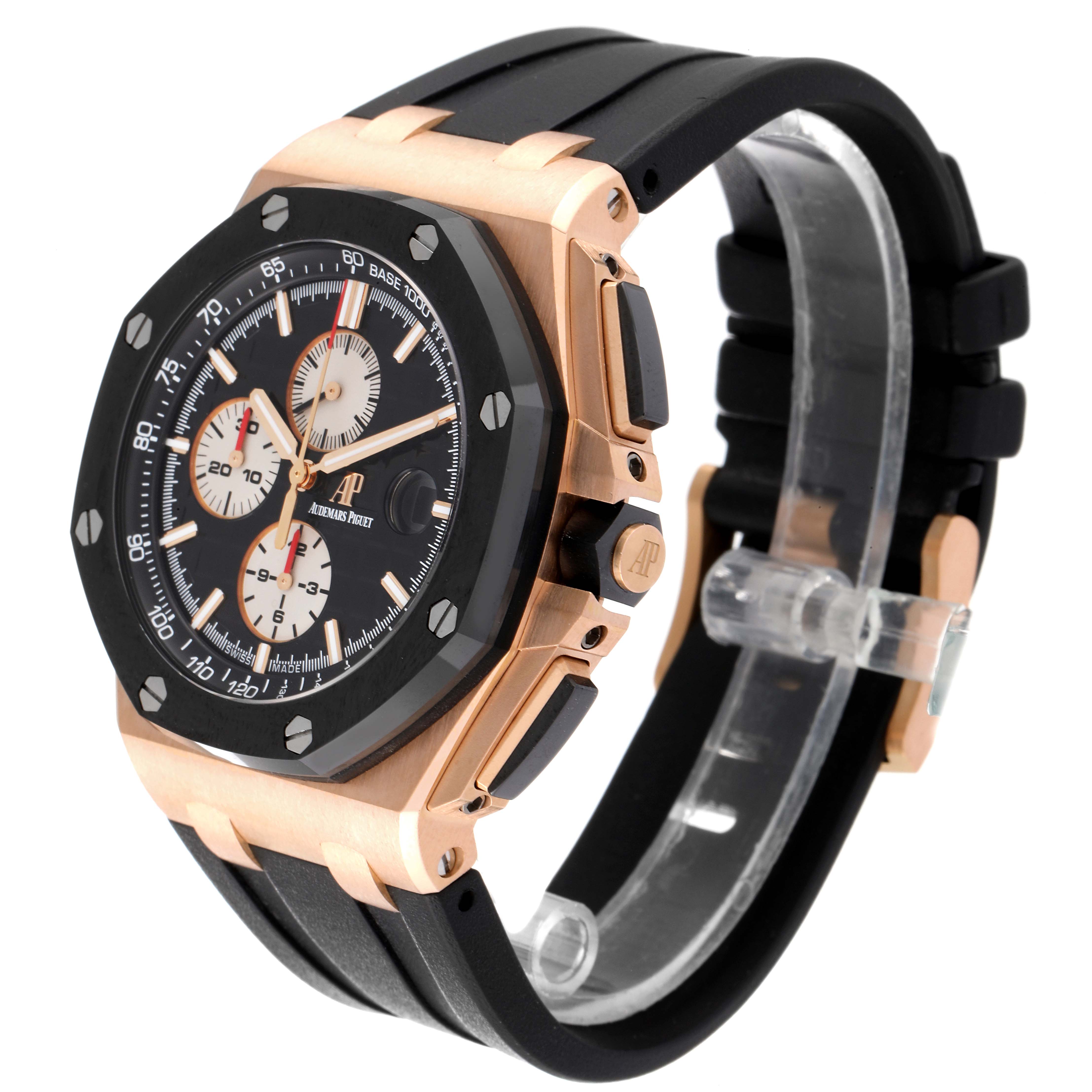 The image shows the Audemars Piguet Royal Oak Offshore 26401RO.OO.A002.CA.01 Men's Rose Gold Black Dial 26401RO.OO.A002.CA.01 Men's Rose Gold Black Dial watch angled to display the watch face, bezel, and portion of the strap.