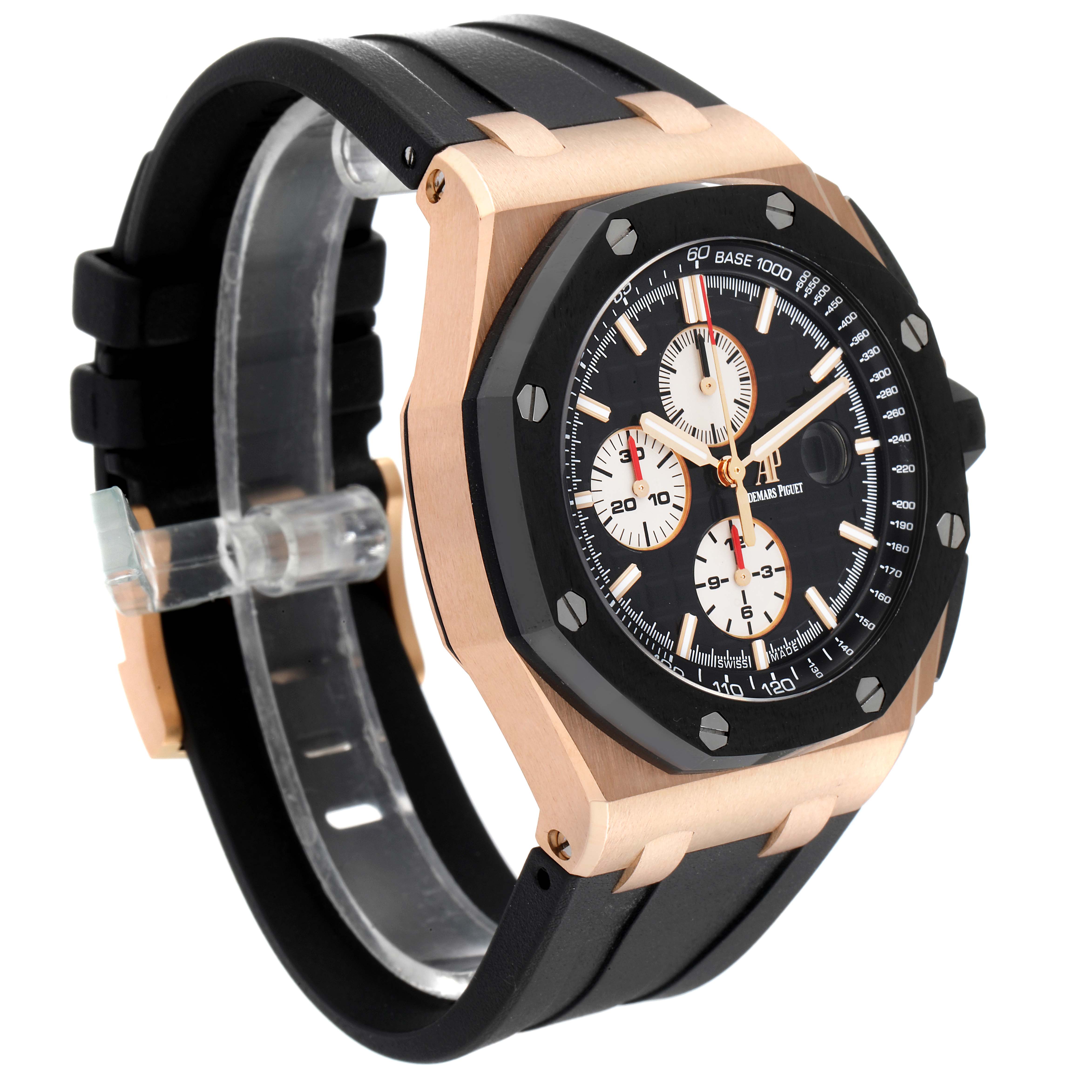 This image shows a side-front angle of an Audemars Piguet Royal Oak Offshore 26401RO.OO.A002.CA.01 Men's Rose Gold Black Dial 26401RO.OO.A002.CA.01 Men's Rose Gold Black Dial watch, highlighting its bezel, dial, and band.