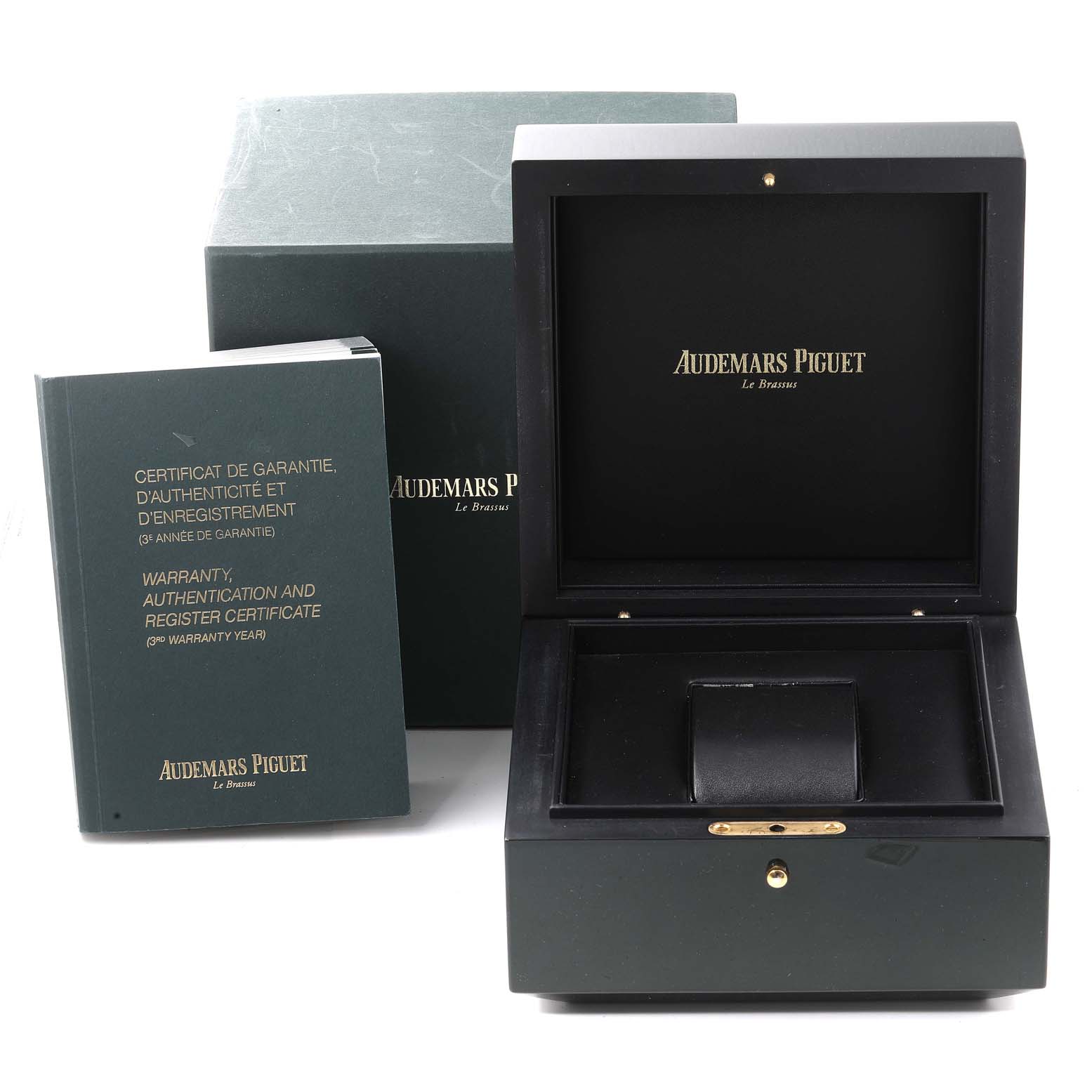 The image shows the packaging and warranty booklet for an Audemars Piguet Royal Oak Offshore 26401RO.OO.A002.CA.01 Men's Rose Gold Black Dial 26401RO.OO.A002.CA.01 Men's Rose Gold Black Dial watch.
