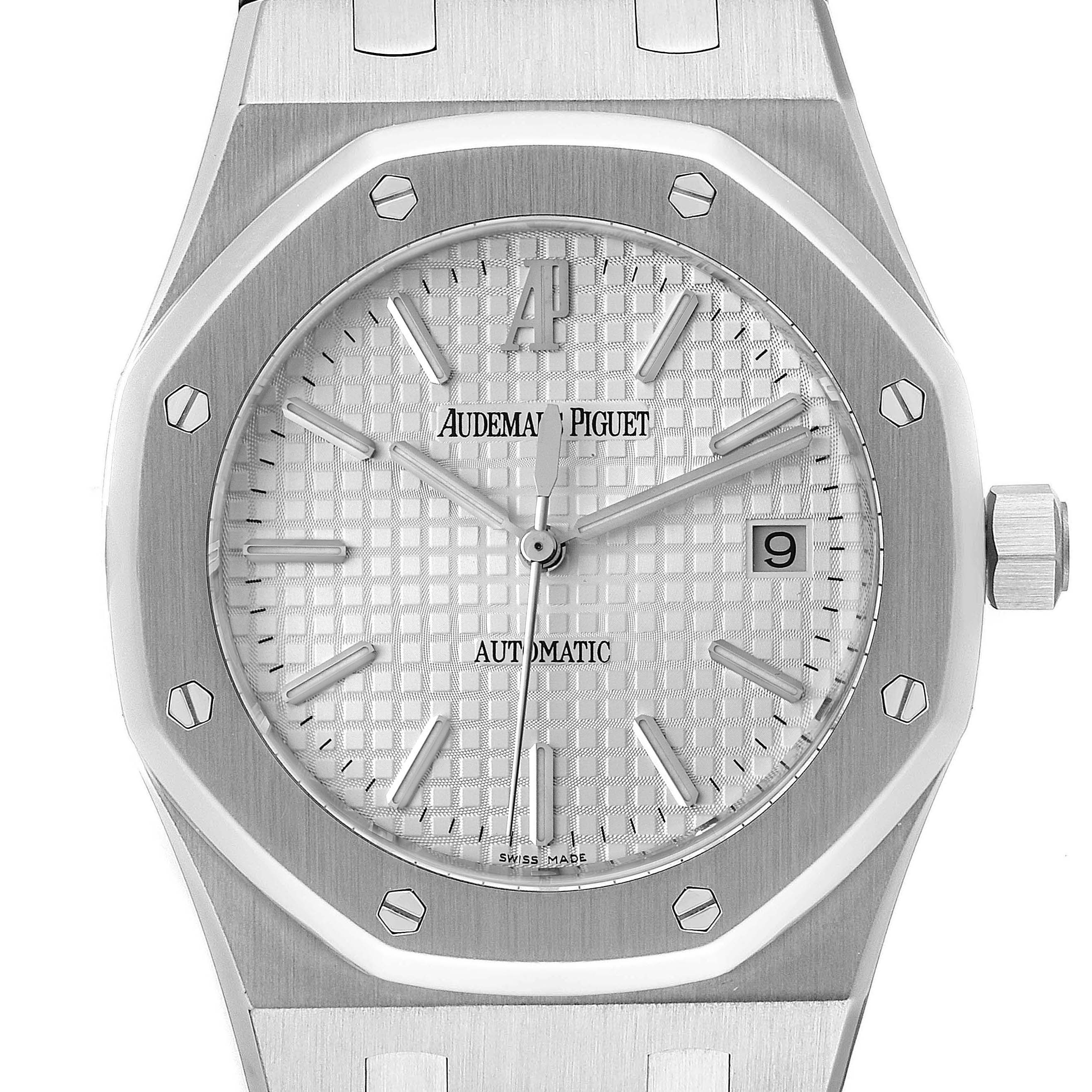 The image shows a straight-on view of the dial and bezel of an Audemars Piguet Royal Oak 15300ST.00.1220ST.01 Men
s Stainless Steel White Dial 15300ST.00.1220ST.01 Men
s Stainless Steel White Dial watch.