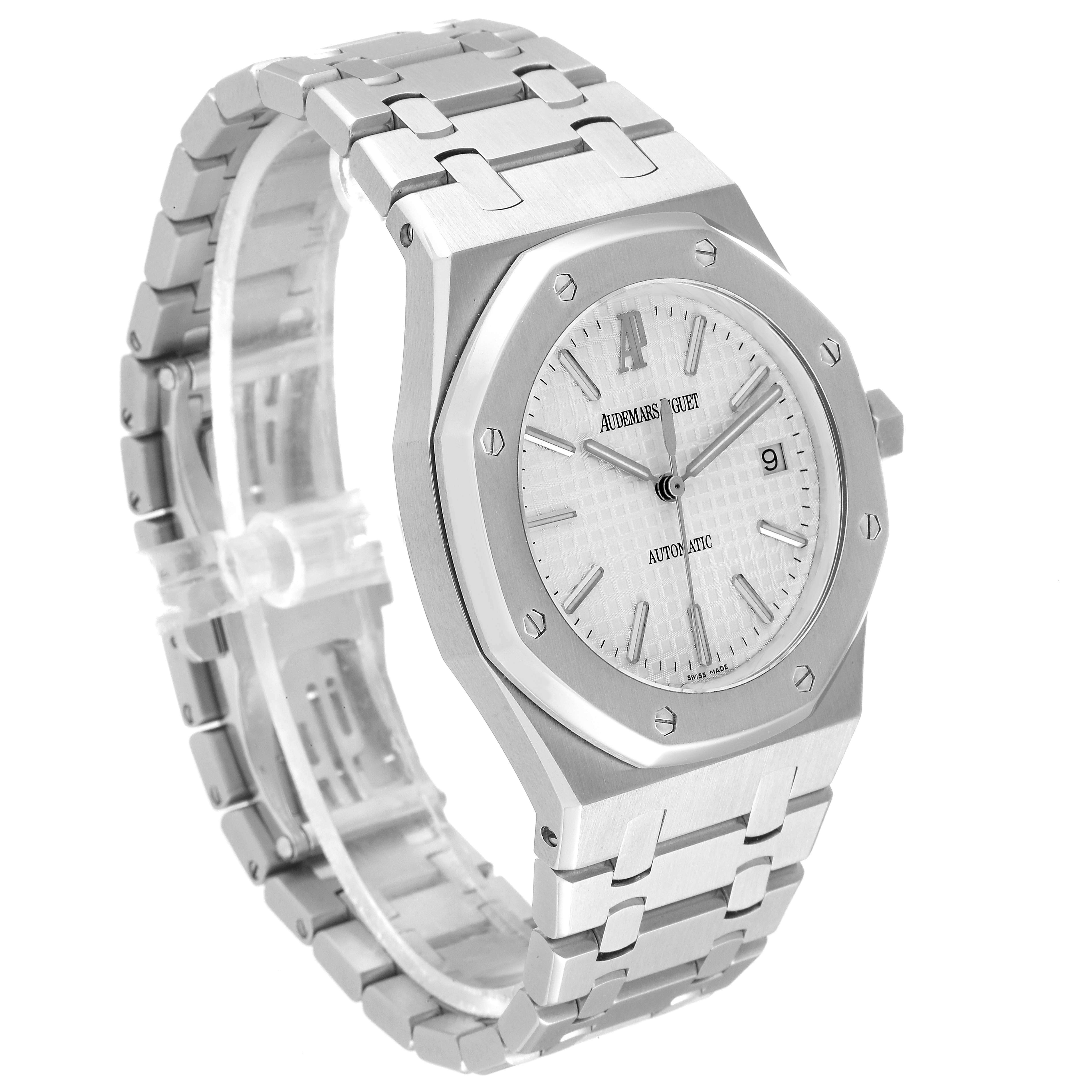 This image shows a side angle view of an Audemars Piguet Royal Oak 15300ST.00.1220ST.01 Men
s Stainless Steel White Dial 15300ST.00.1220ST.01 Men
s Stainless Steel White Dial watch, displaying its face, bezel, and bracelet.