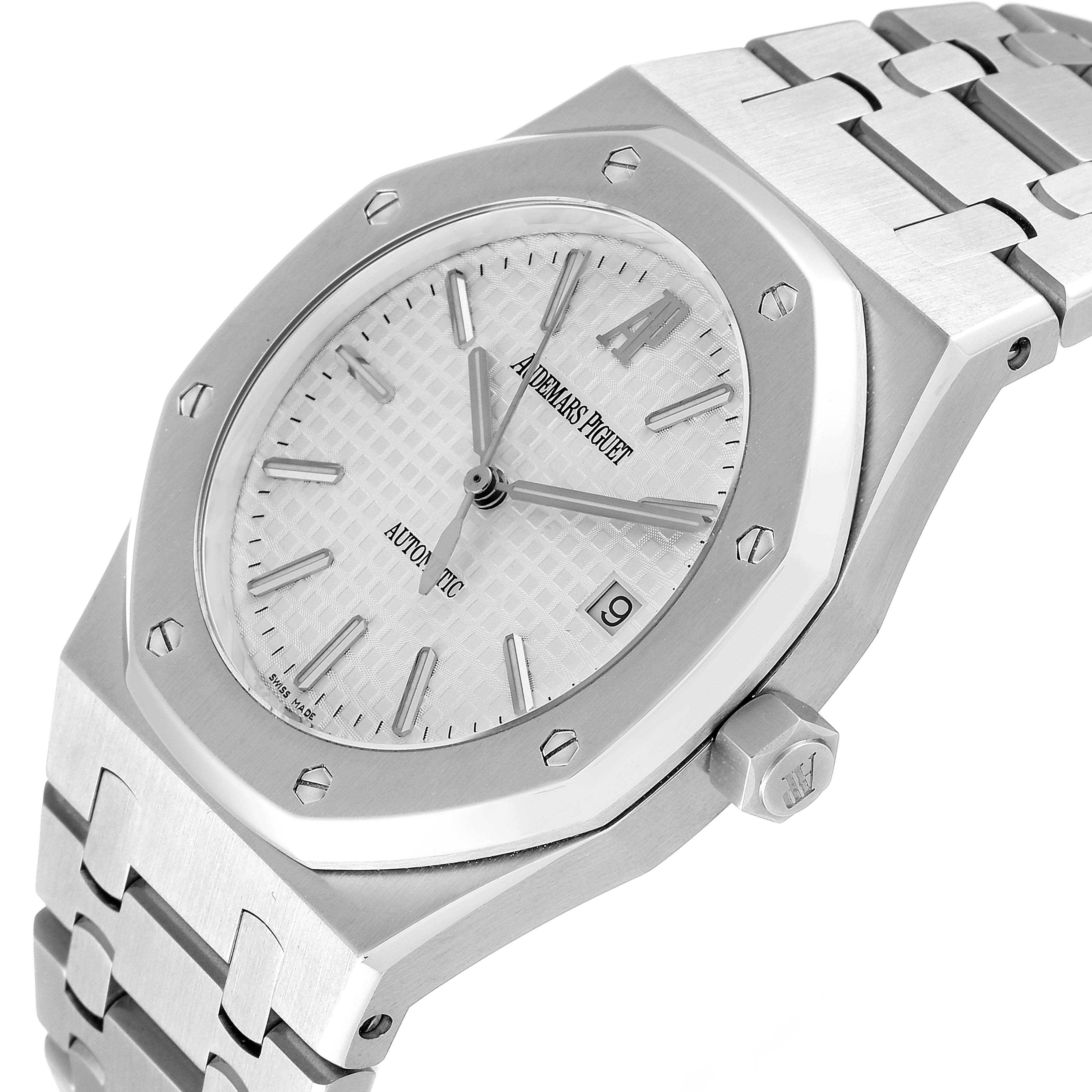 This image shows a close-up angle of the dial, bezel, crown, and part of the bracelet of an Audemars Piguet Royal Oak 15300ST.00.1220ST.01 Men
s Stainless Steel White Dial 15300ST.00.1220ST.01 Men
s Stainless Steel White Dial watch.