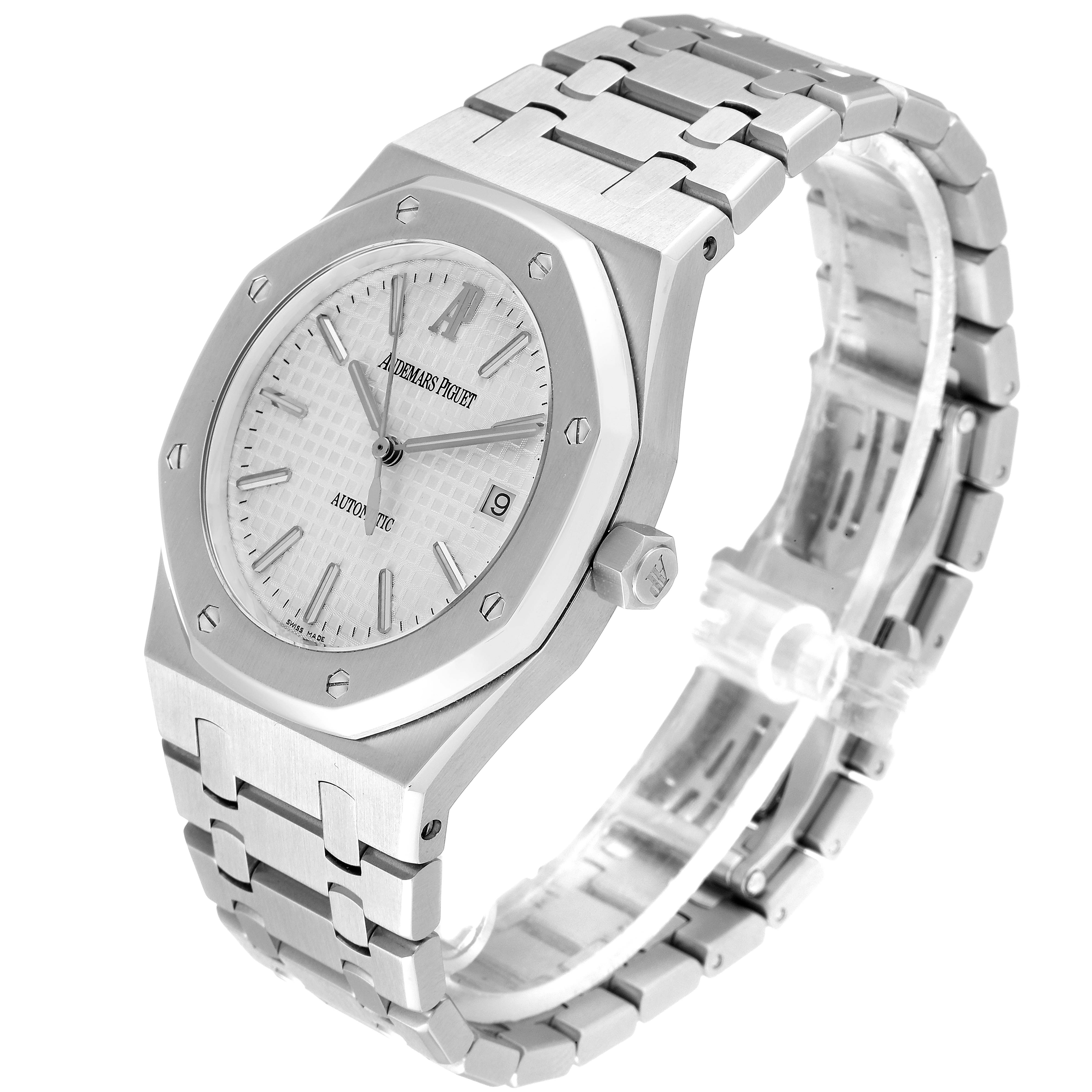 The image shows an Audemars Piguet Royal Oak 15300ST.00.1220ST.01 Men
s Stainless Steel White Dial 15300ST.00.1220ST.01 Men
s Stainless Steel White Dial watch, angled to display its face, bezel, case, bracelet, and crown.