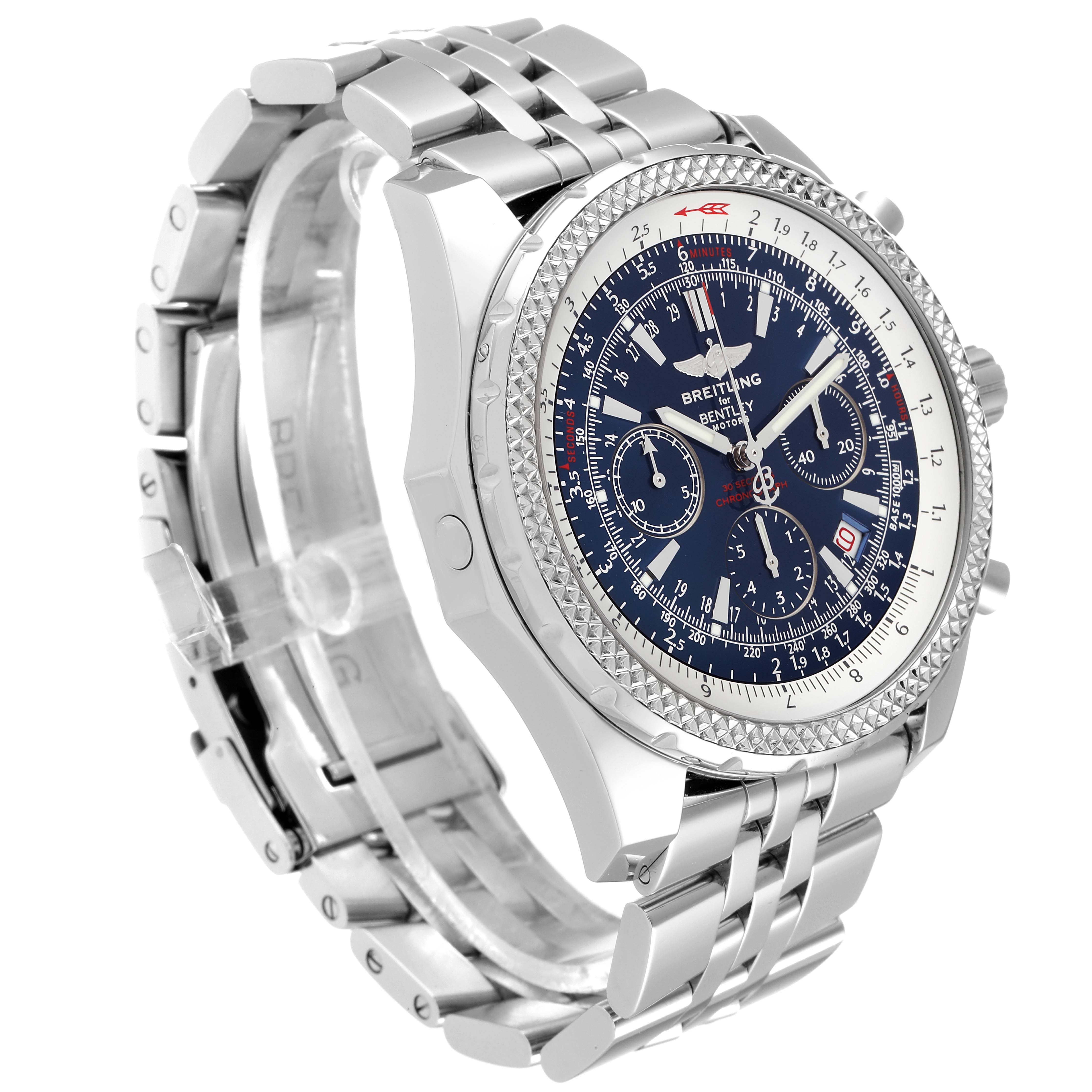 This image shows a side and front view of the Breitling Bentley A25362 Men's Stainless Steel Blue Dial A25362 Men's Stainless Steel Blue Dial watch, featuring the dial, bezel, crown, and bracelet.