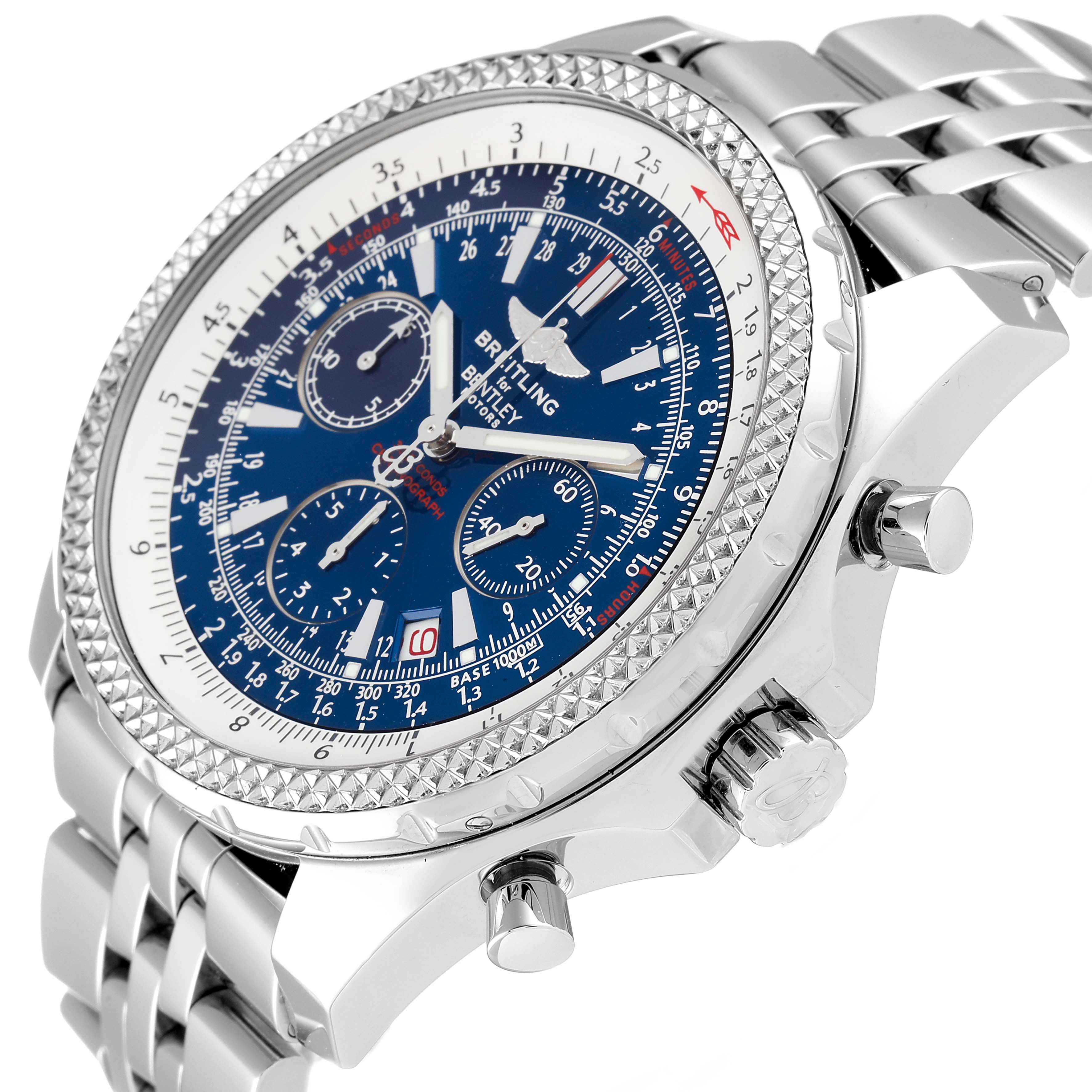 This image shows a Breitling Bentley A25362 Men's Stainless Steel Blue Dial A25362 Men's Stainless Steel Blue Dial watch at an angled close-up, highlighting the dial, bezel, and side pushers.