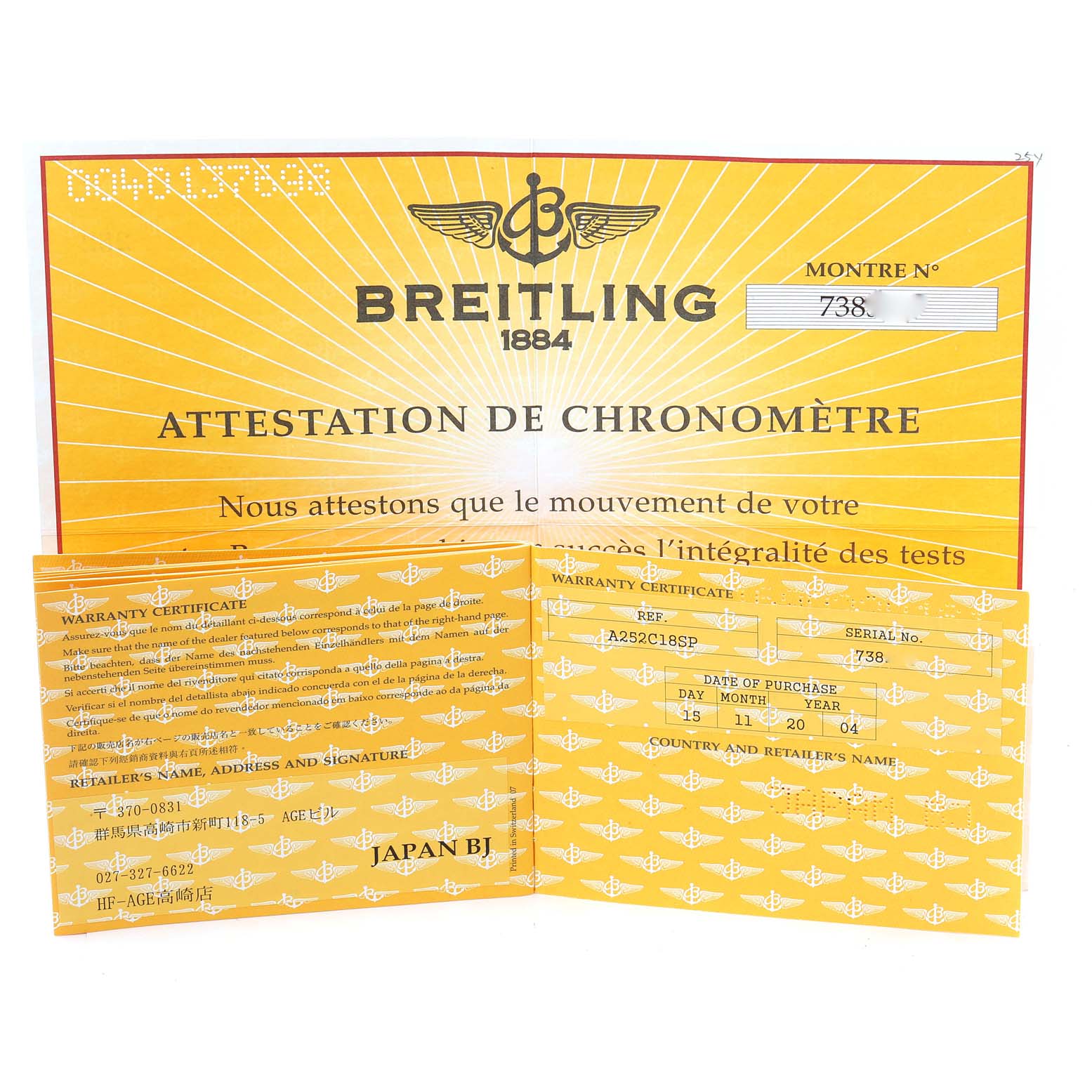 The image shows the warranty certificate and chronometer certificate for a Breitling Bentley A25362 Men's Stainless Steel Blue Dial A25362 Men's Stainless Steel Blue Dial watch, displayed flat and opened.