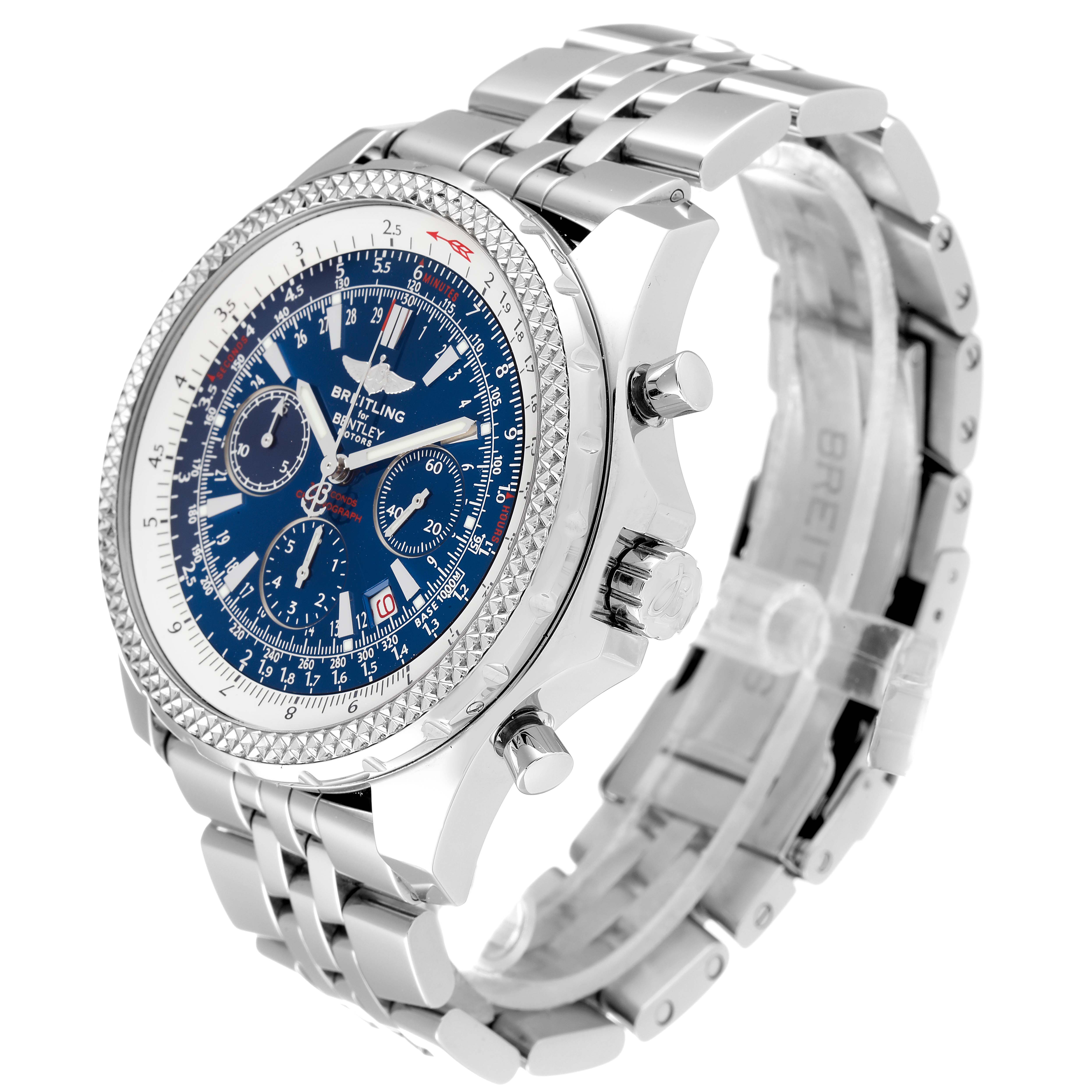 This image shows a side view of the Breitling Bentley A25362 Men's Stainless Steel Blue Dial A25362 Men's Stainless Steel Blue Dial watch, highlighting the face, bezel, crown, pushers, and bracelet.