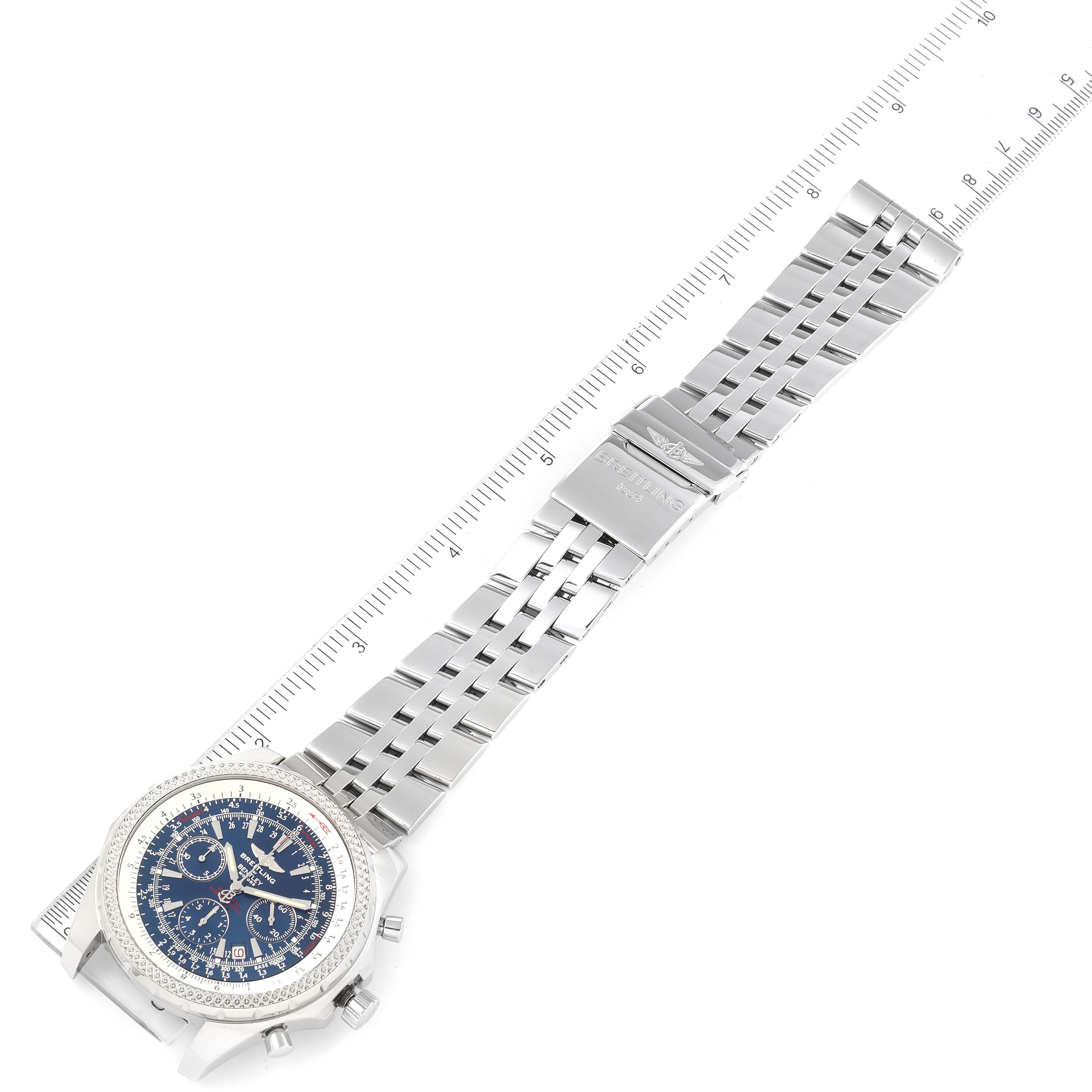 The image shows a top view of a Breitling Bentley A25362 Men's Stainless Steel Blue Dial A25362 Men's Stainless Steel Blue Dial watch with a blue dial, stainless steel strap, and clasp.