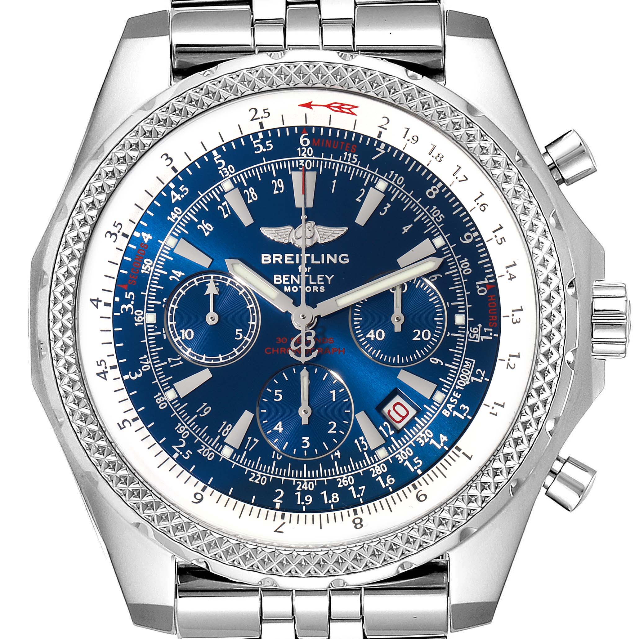 The Breitling Bentley A25362 Men's Stainless Steel Blue Dial A25362 Men's Stainless Steel Blue Dial watch is shown from a front angle, highlighting its blue dial, silver bracelet, and bezel details.