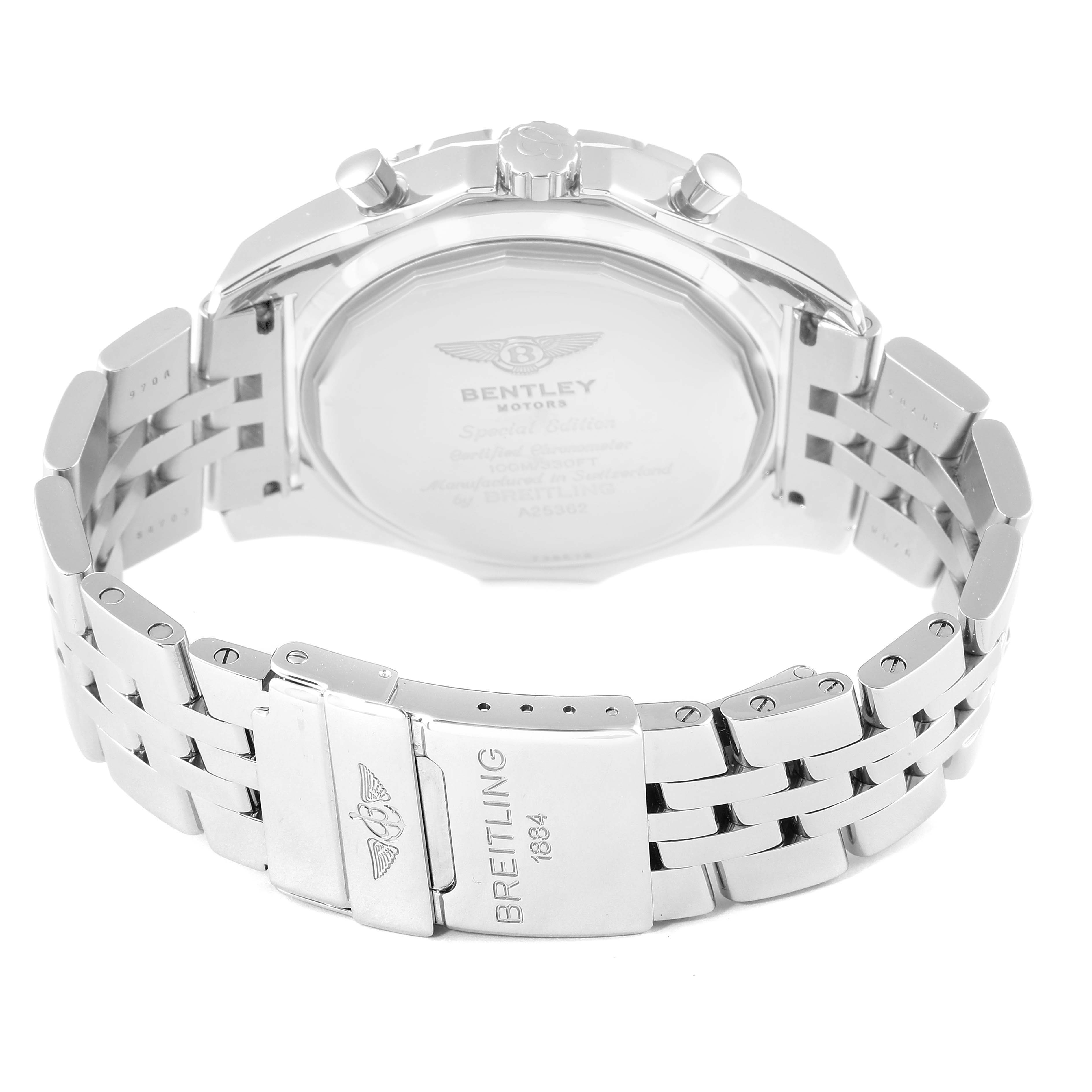 This image shows the back case and metal bracelet of a Breitling Bentley A25362 Men's Stainless Steel Blue Dial A25362 Men's Stainless Steel Blue Dial model watch from a rear angle.