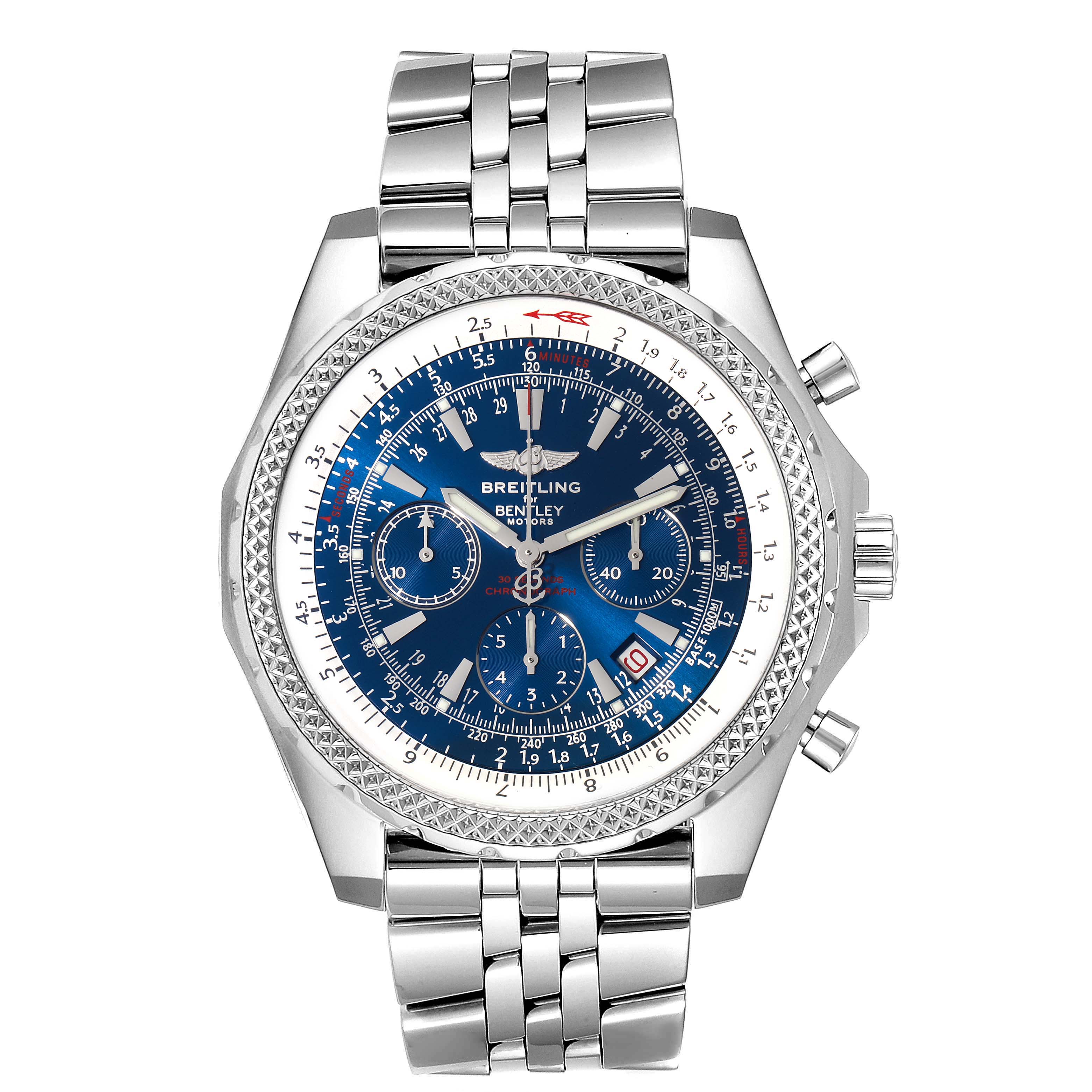 The Breitling Bentley A25362 Men's Stainless Steel Blue Dial A25362 Men's Stainless Steel Blue Dial model watch is shown from a top-down angle, displaying its face, bezel, and stainless steel bracelet.
