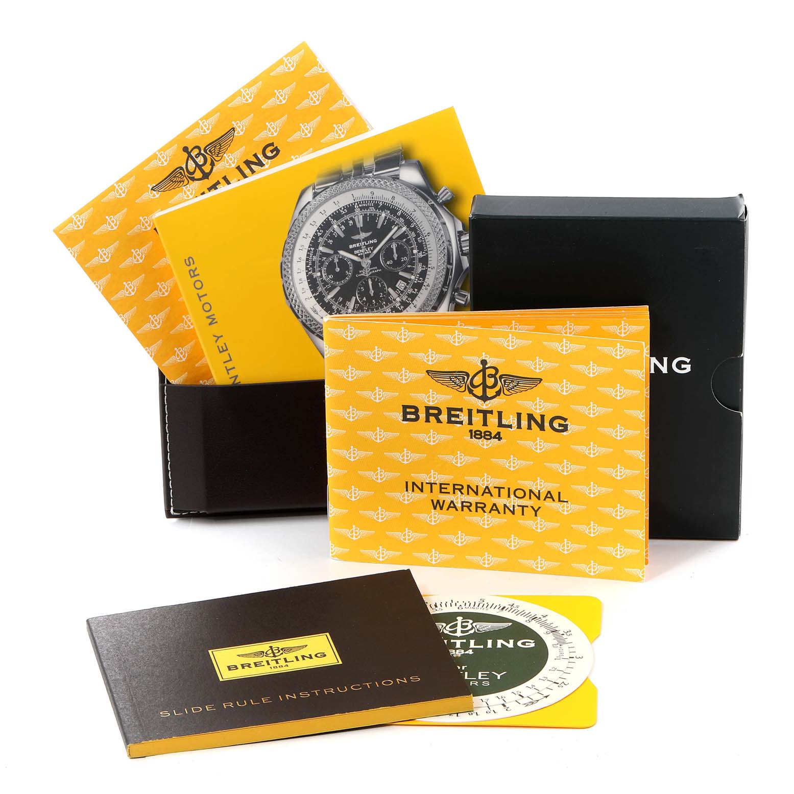 The image displays the packaging and documentation of a Breitling Bentley A25362 Men's Stainless Steel Blue Dial A25362 Men's Stainless Steel Blue Dial model watch, including warranty cards and instructional booklets.