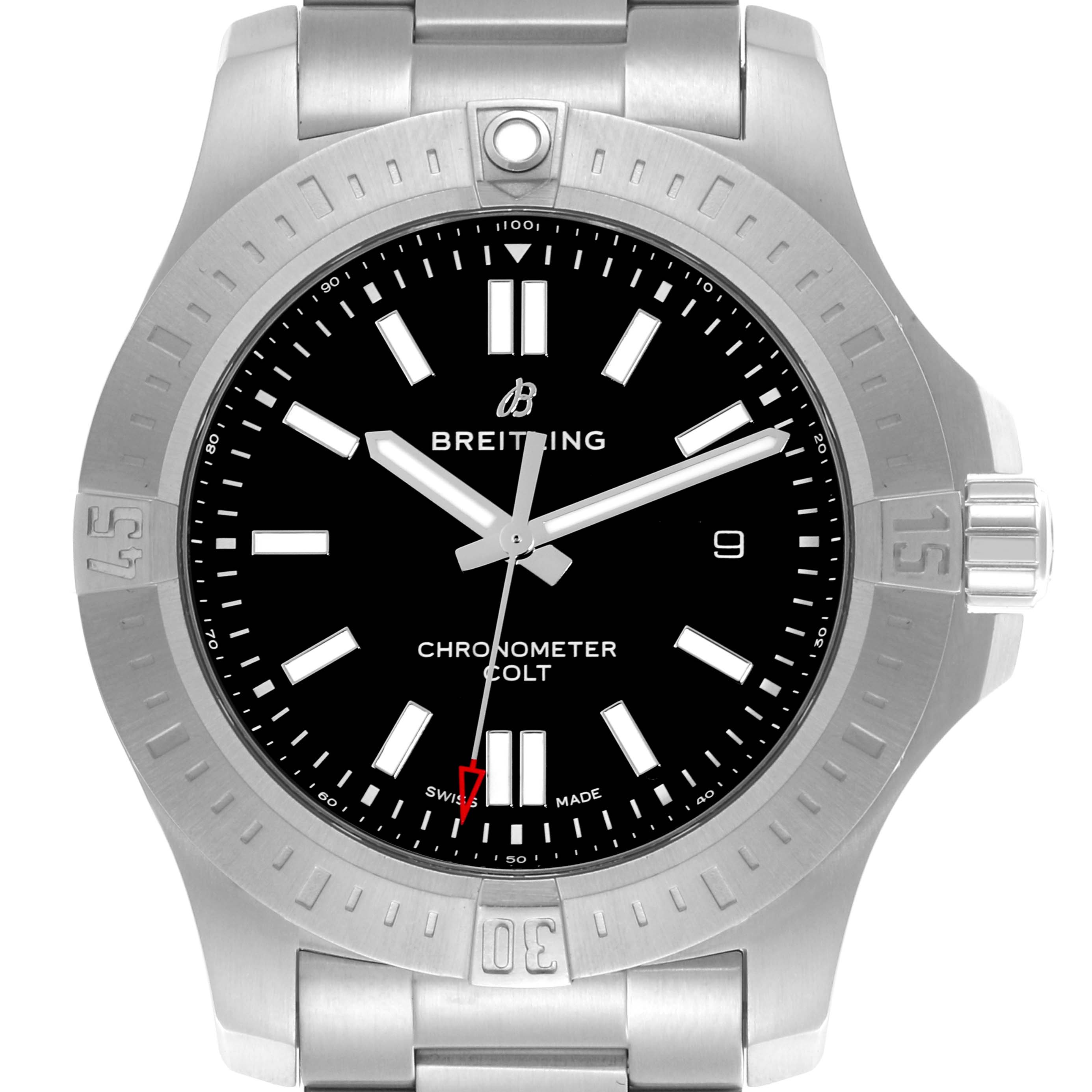 The Breitling Colt A17388101B1A1 Men's Stainless Steel Black Dial A17388101B1A1 Men's Stainless Steel Black Dial watch is shown from the front, highlighting the dial, bezel, and bracelet.