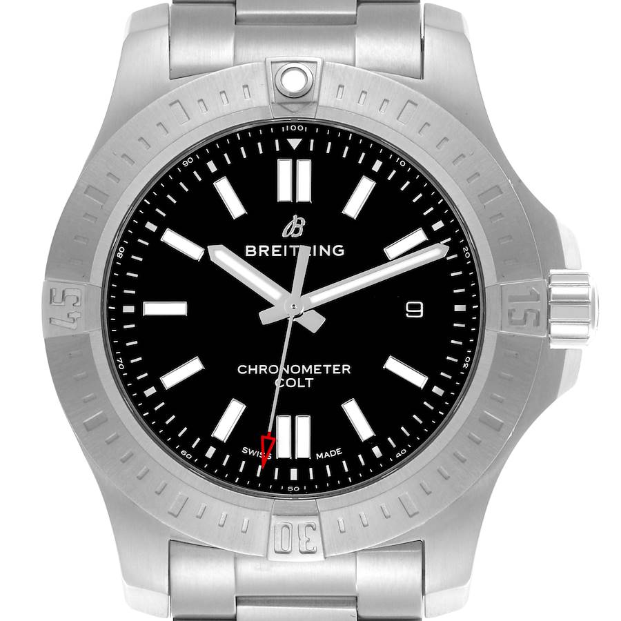 The Breitling Colt watch is shown from the front, highlighting the dial, bezel, and bracelet.