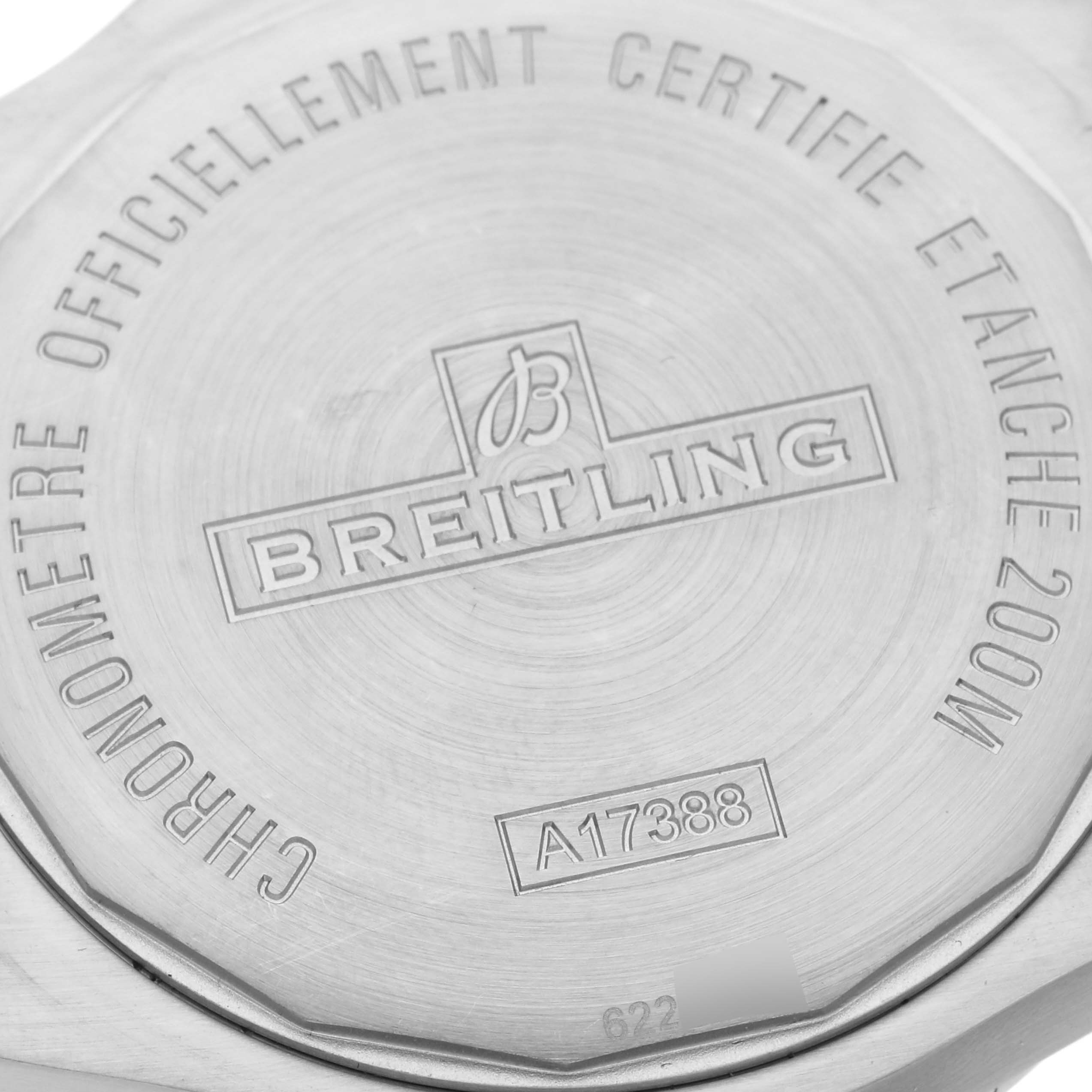 The image shows the back case of a Breitling Colt A17388101B1A1 Men's Stainless Steel Black Dial A17388101B1A1 Men's Stainless Steel Black Dial watch, highlighting its engraved details and model number.
