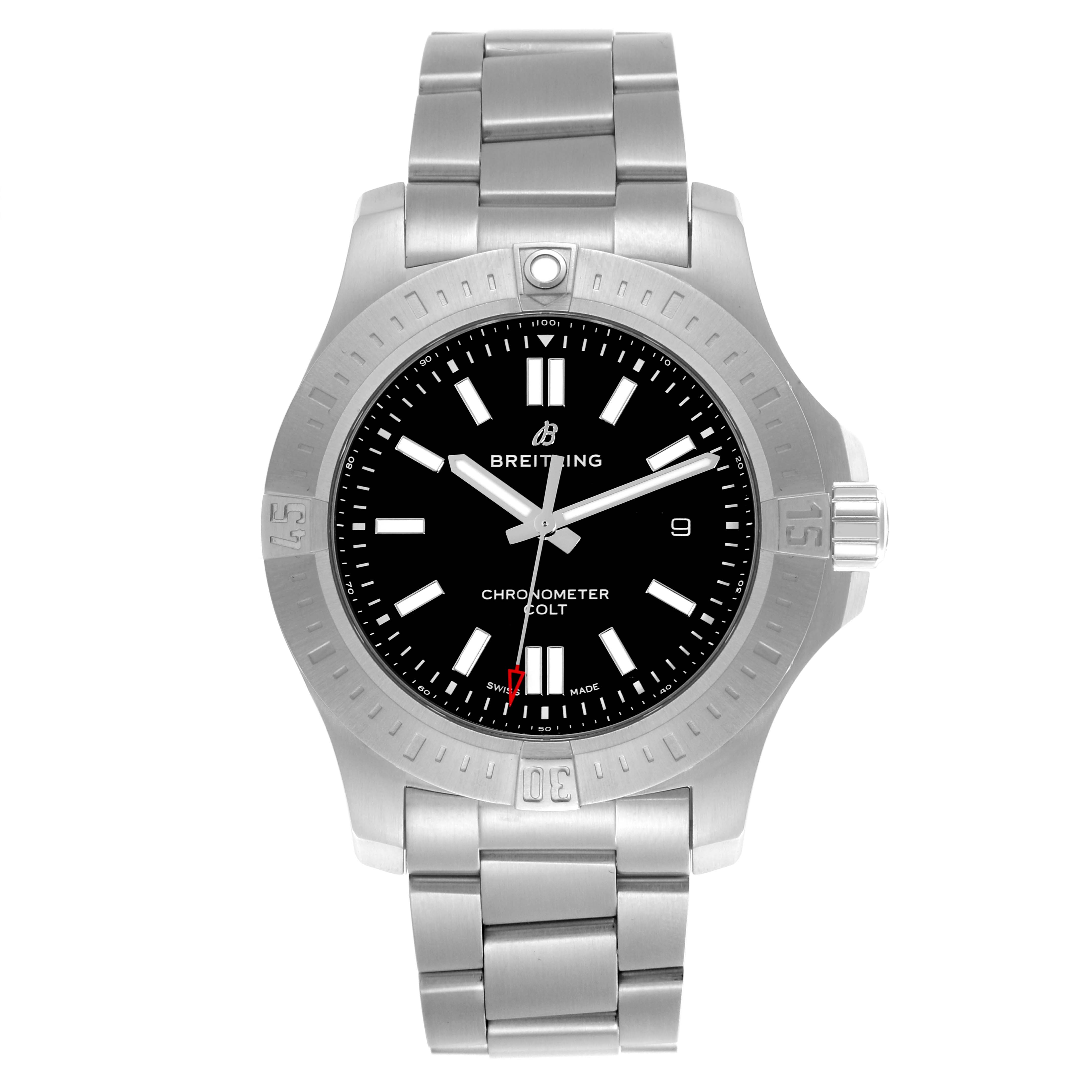 The Breitling Colt A17388101B1A1 Men's Stainless Steel Black Dial A17388101B1A1 Men's Stainless Steel Black Dial watch is shown from a top-down angle, displaying the face, bezel, and metal bracelet.