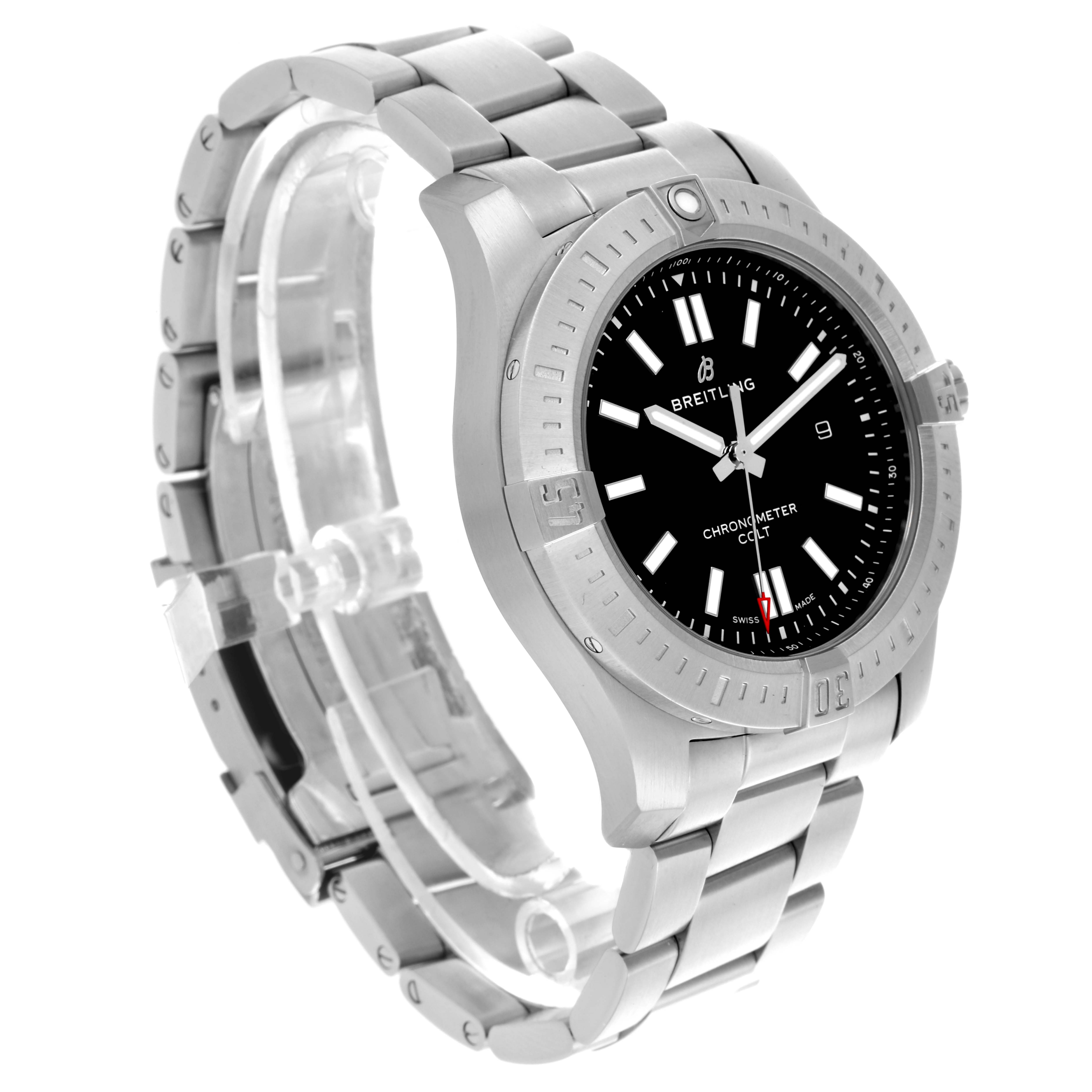 The Breitling Colt A17388101B1A1 Men's Stainless Steel Black Dial A17388101B1A1 Men's Stainless Steel Black Dial watch is shown at an angled view highlighting the face, bezel, and metal bracelet.