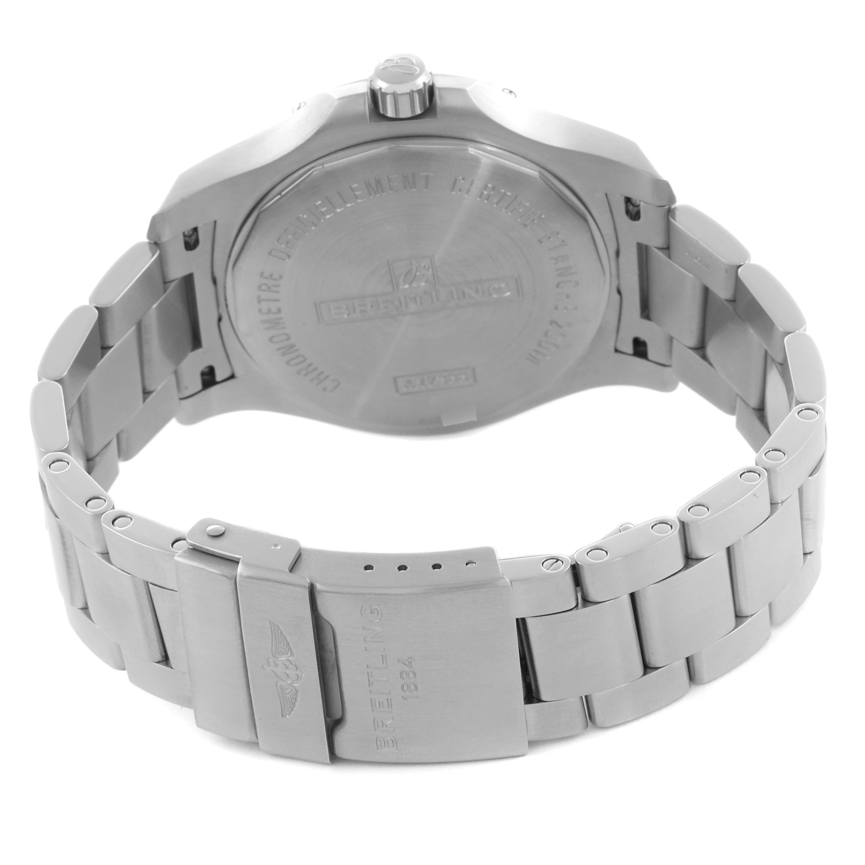 The image shows the back of the Breitling Colt A17388101B1A1 Men's Stainless Steel Black Dial A17388101B1A1 Men's Stainless Steel Black Dial watch, highlighting its stainless steel bracelet and engravings on the case back.