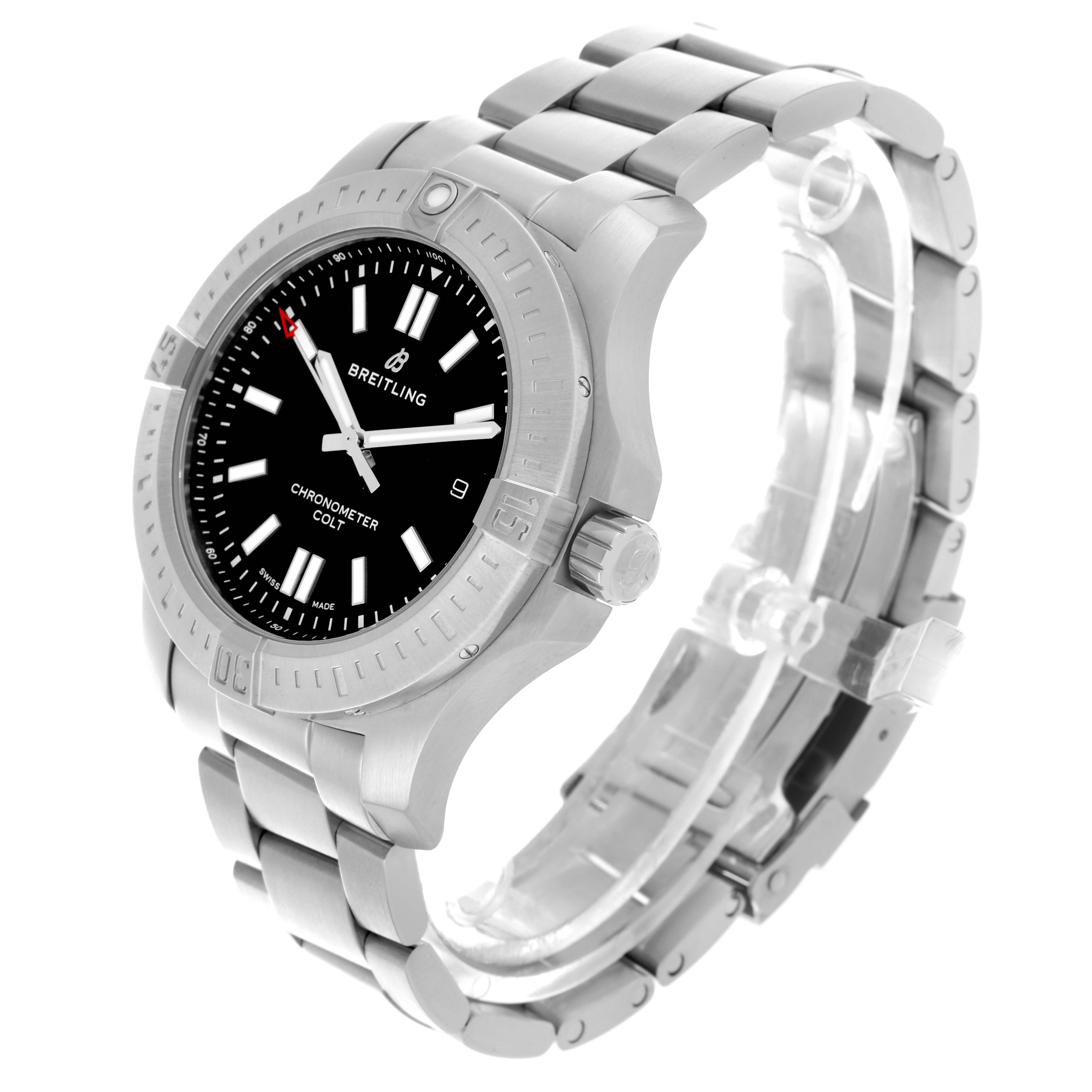 The Breitling Colt A17388101B1A1 Men's Stainless Steel Black Dial A17388101B1A1 Men's Stainless Steel Black Dial watch is shown at a three-quarter angle, displaying the face, bezel, crown, and metal bracelet.