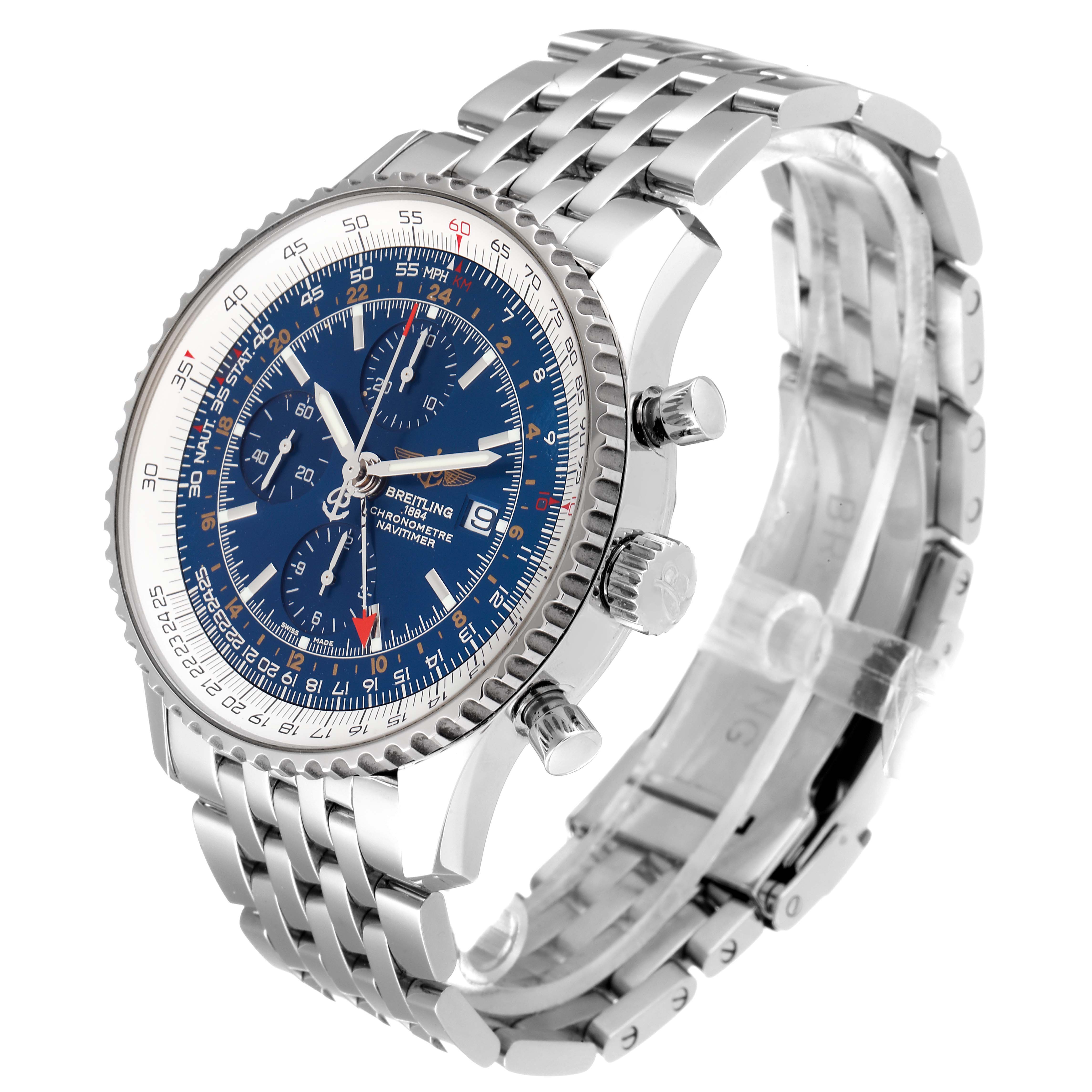 This image showcases a Breitling Navitimer A24322 Men
s Stainless Steel Blue Dial A24322 Men
s Stainless Steel Blue Dial watch from an angled side view, highlighting its blue dial, bezel, and bracelet.