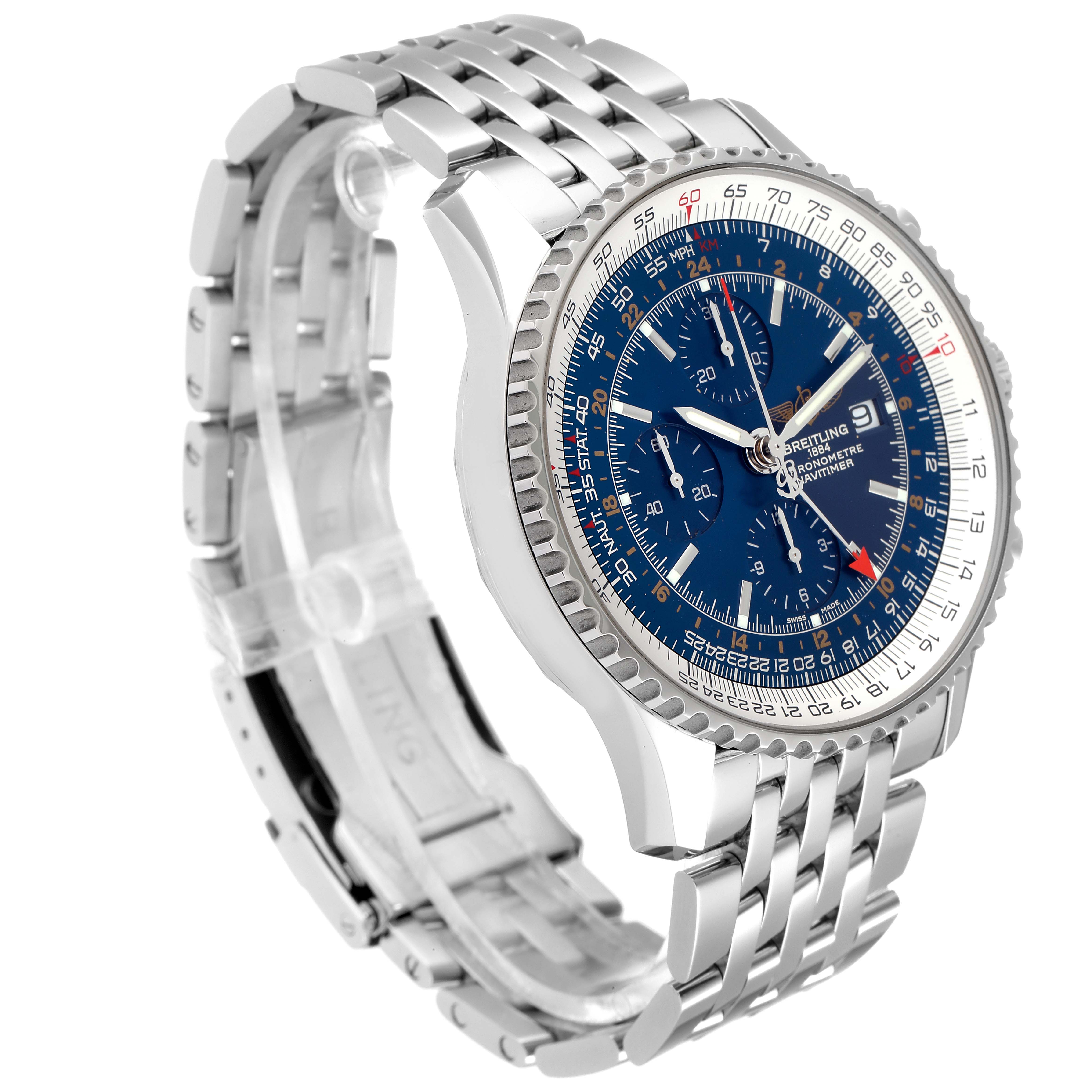 The Breitling Navitimer A24322 Men
s Stainless Steel Blue Dial A24322 Men
s Stainless Steel Blue Dial watch is shown at an angle displaying its face, bezel, and metal bracelet.