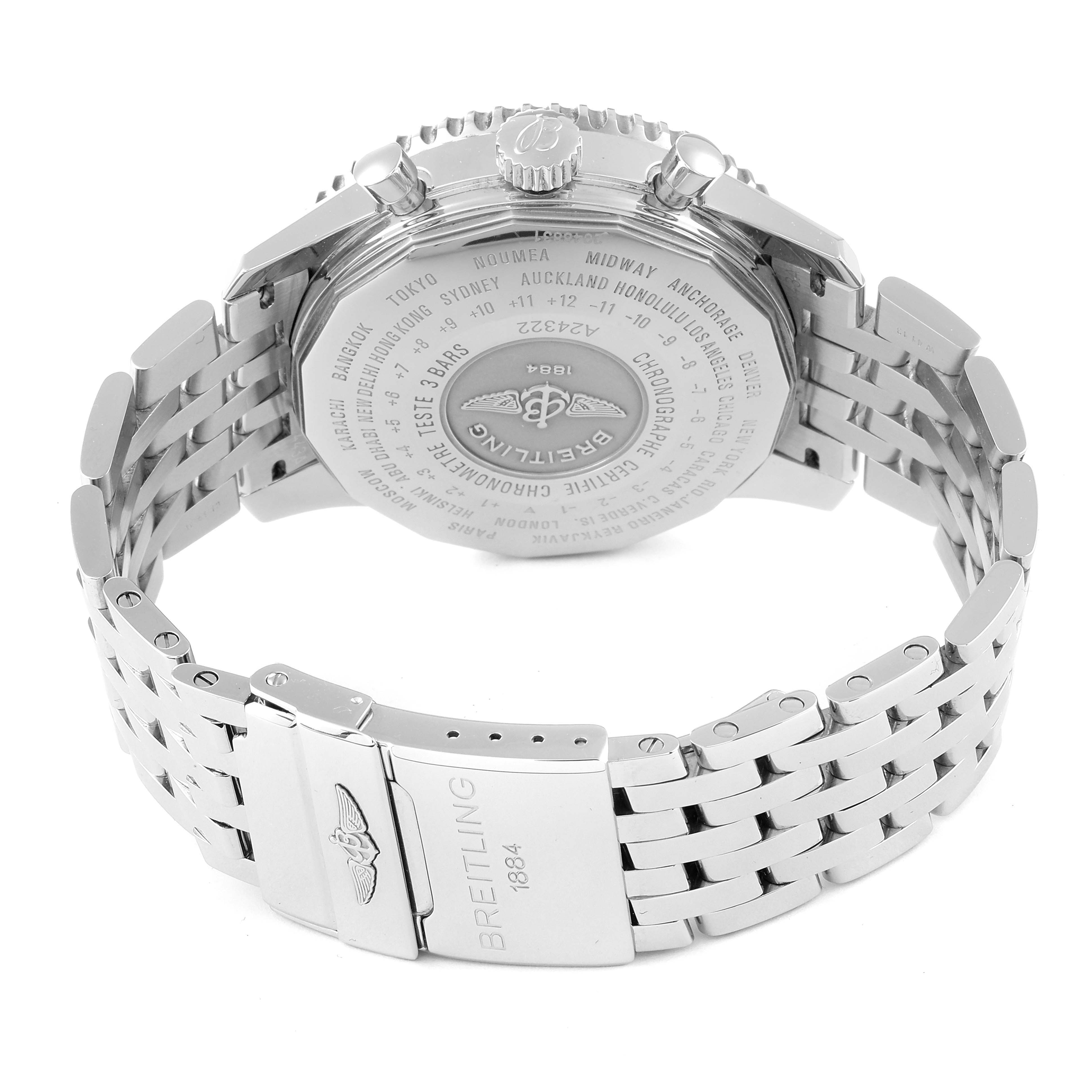 The image shows the back view of a Breitling Navitimer A24322 Men
s Stainless Steel Blue Dial A24322 Men
s Stainless Steel Blue Dial watch, highlighting its case back and stainless steel bracelet.