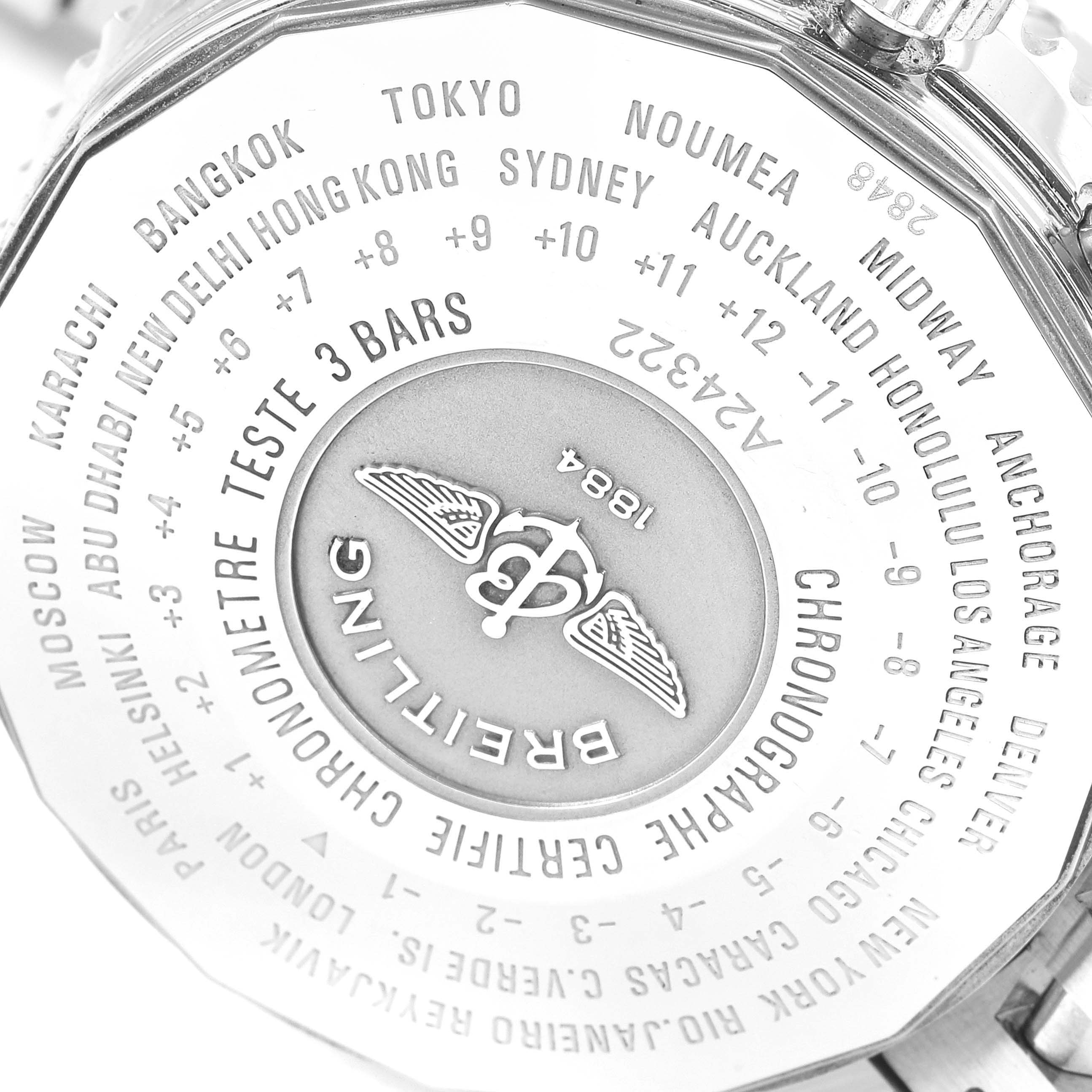 The image shows the back case of a Breitling Navitimer A24322 Men
s Stainless Steel Blue Dial A24322 Men
s Stainless Steel Blue Dial watch, detailing various global cities and their time zone offsets.