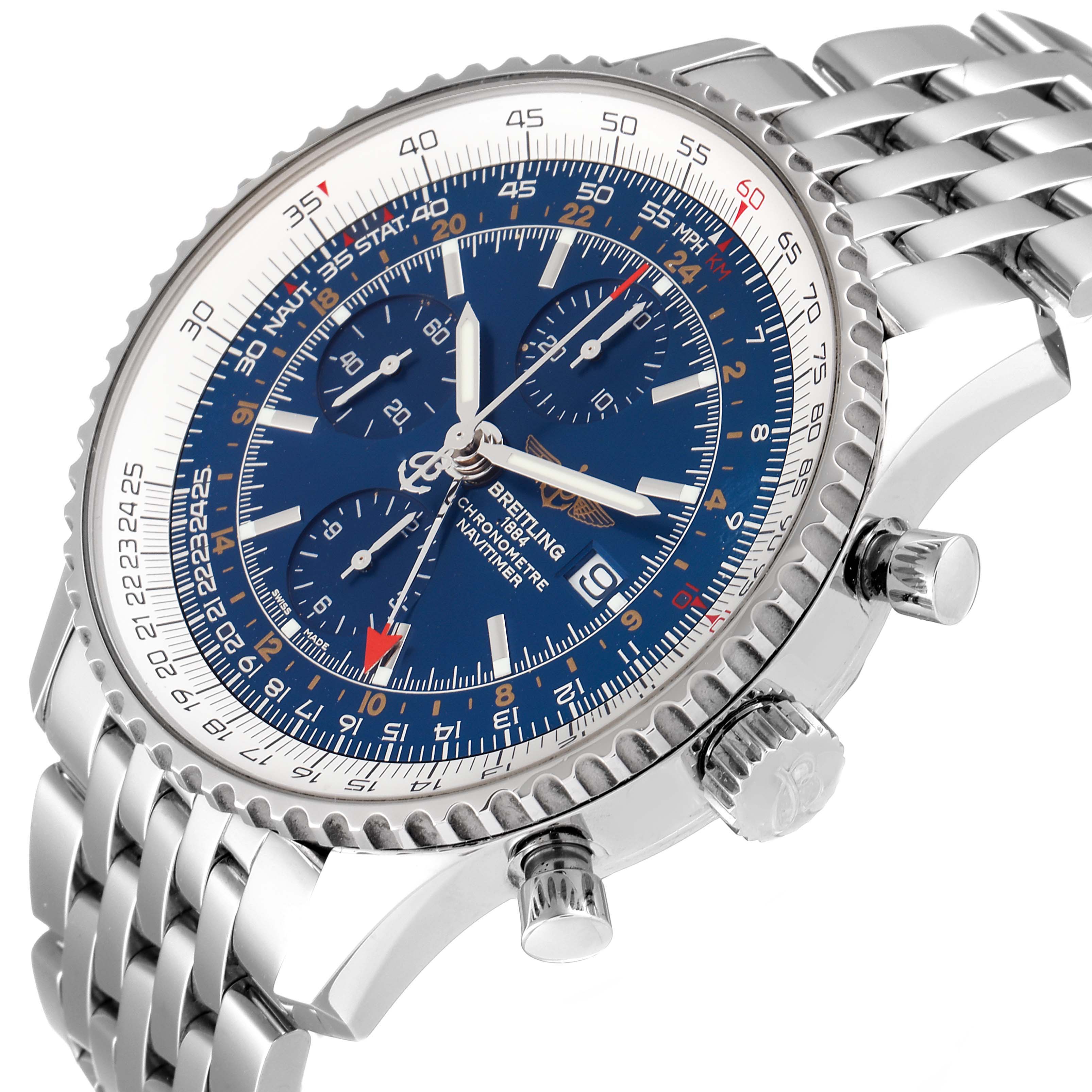 The image shows a close-up of the Breitling Navitimer A24322 Men
s Stainless Steel Blue Dial A24322 Men
s Stainless Steel Blue Dial watch face, crown, pushers, and part of its stainless steel bracelet.