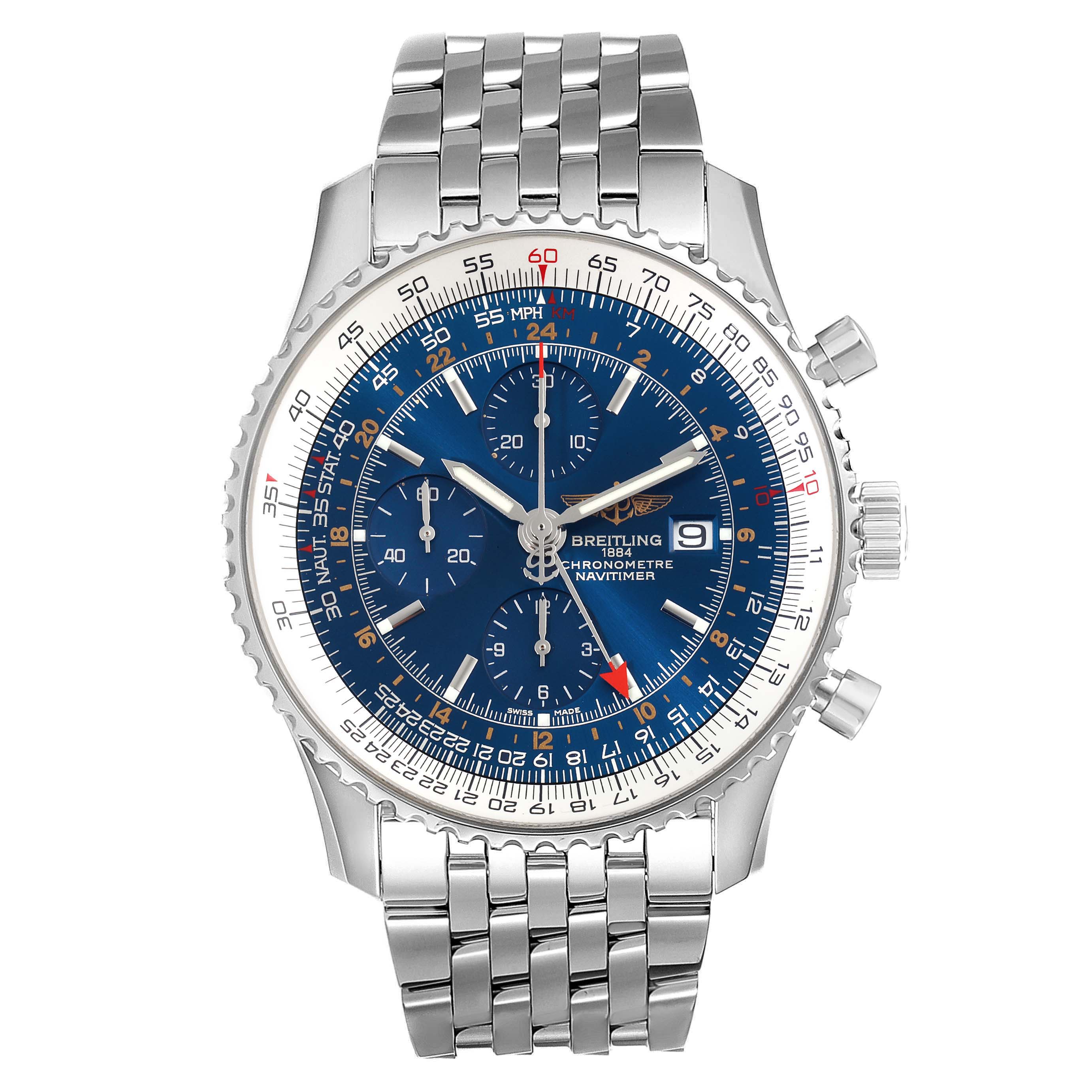 The image shows a Breitling Navitimer A24322 Men
s Stainless Steel Blue Dial A24322 Men
s Stainless Steel Blue Dial watch from a front angle, displaying the face, dial, bezel, and part of the metal bracelet.