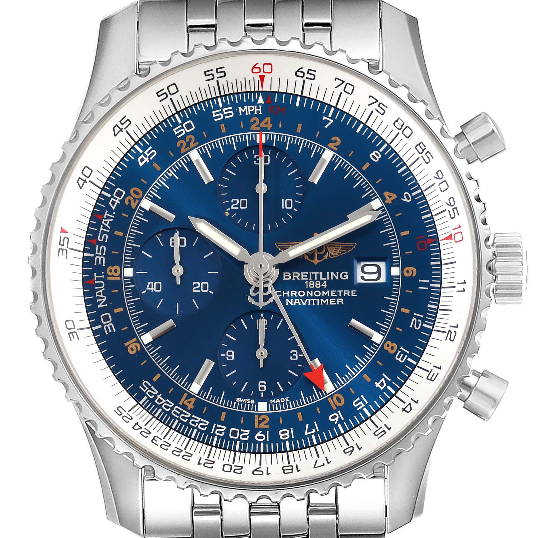 The photo shows a front view of a Breitling Navitimer A24322 Men
s Stainless Steel Blue Dial A24322 Men
s Stainless Steel Blue Dial watch displaying the dial, bezel, and part of the bracelet.