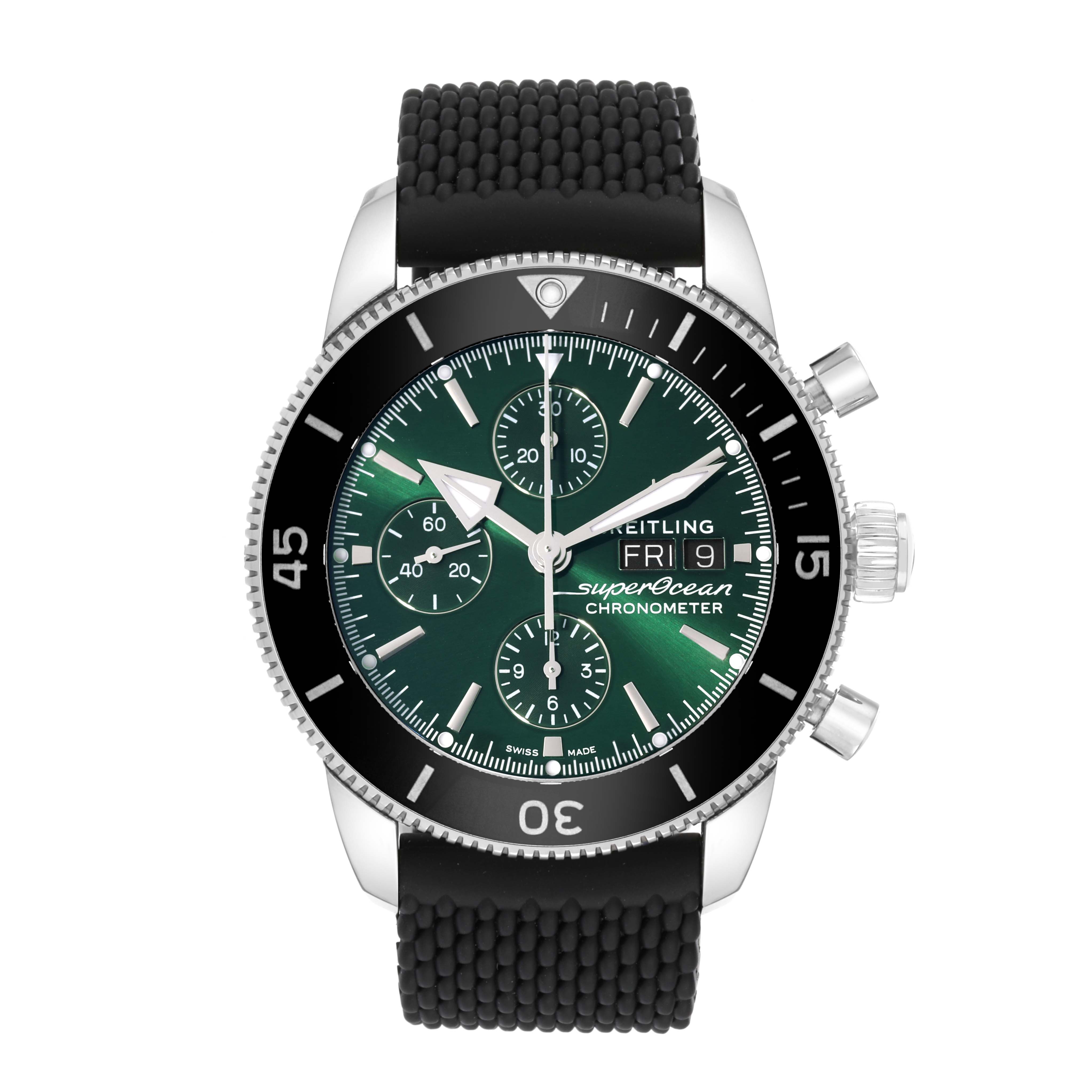 The image shows a front view of the Breitling Superocean A13313 Men's Stainless Steel Green Dial A13313 Men's Stainless Steel Green Dial watch, detailing its dial, bezel, and strap.