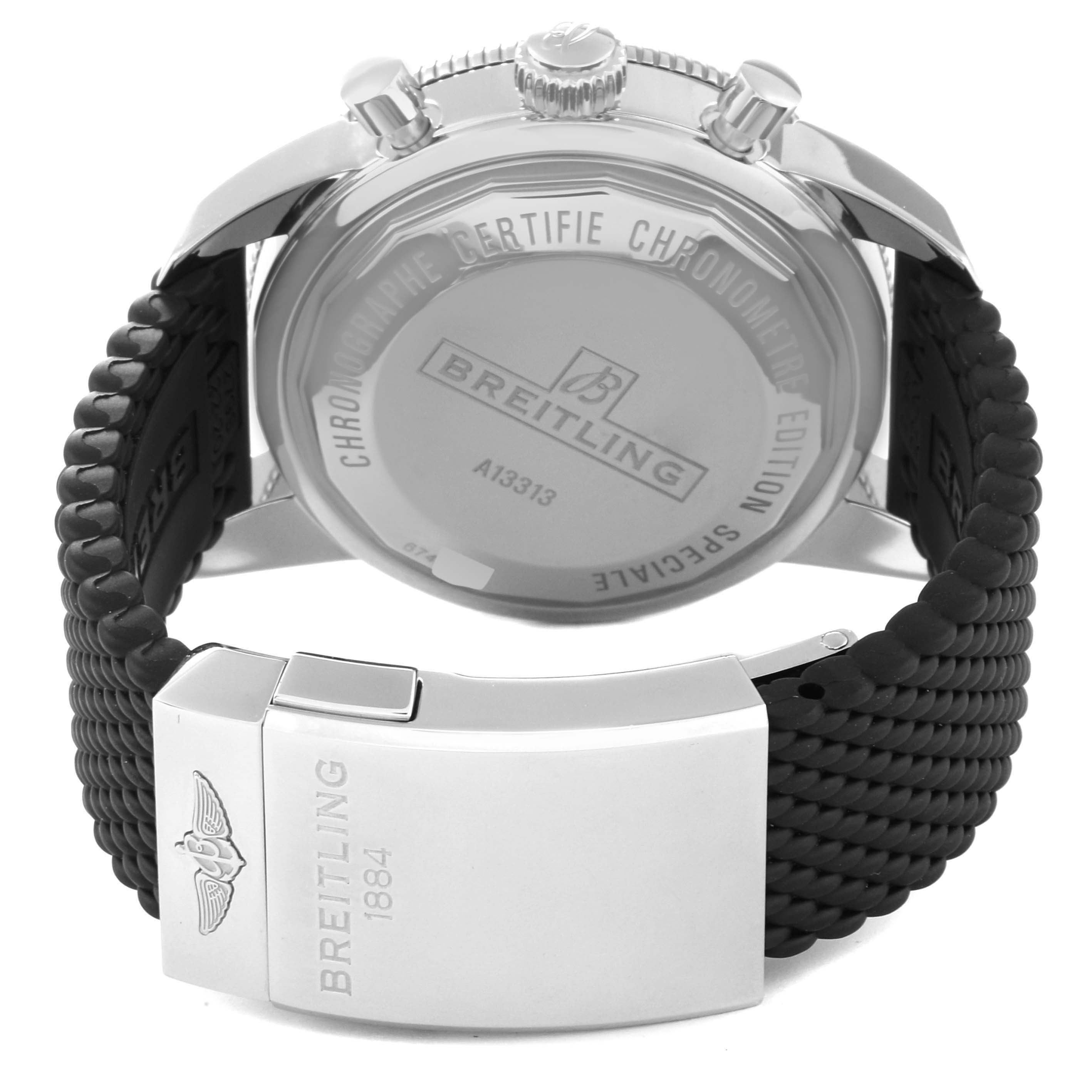 The image shows the Breitling Superocean A13313 Men's Stainless Steel Green Dial A13313 Men's Stainless Steel Green Dial's back case and clasp at a rear angle.